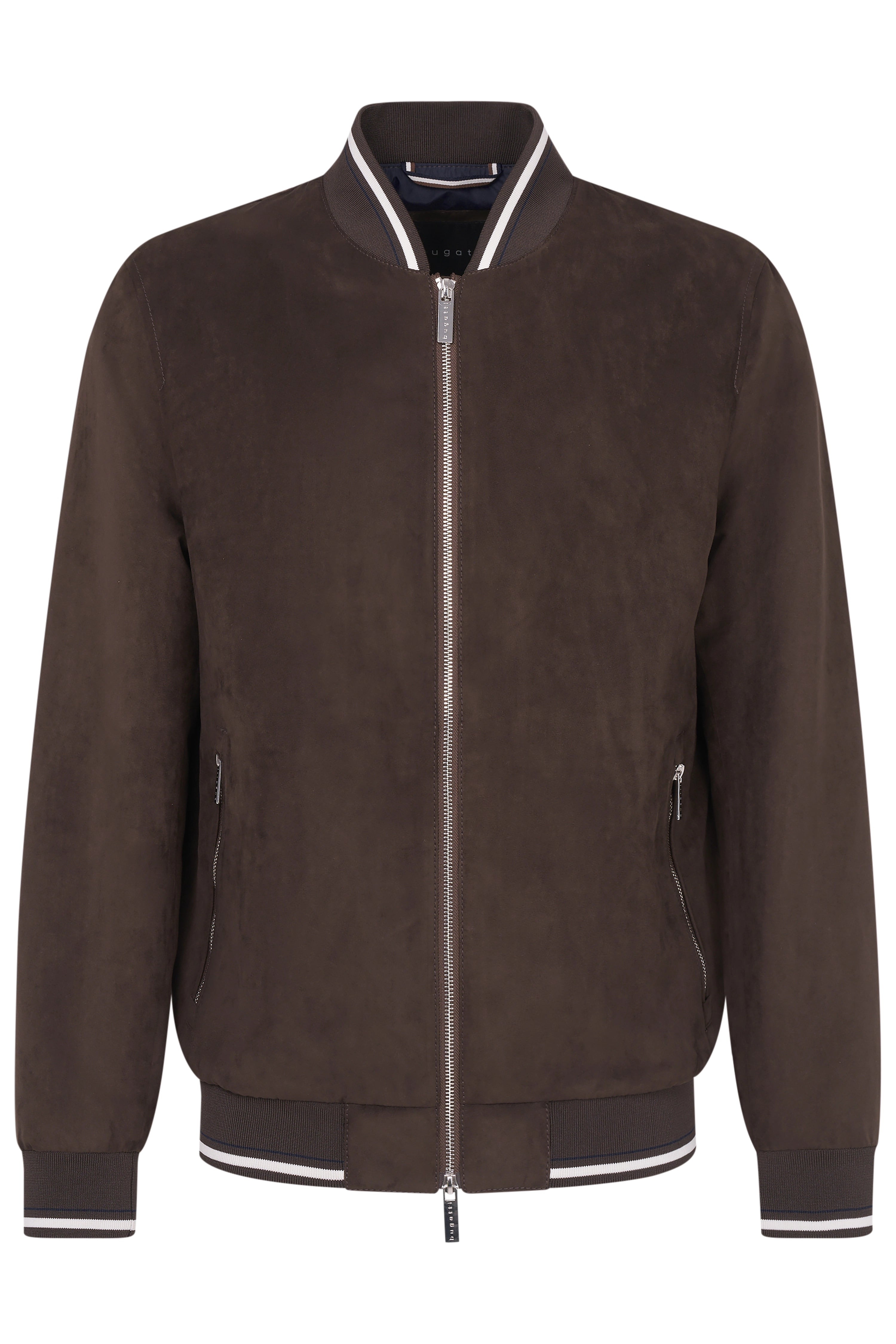 Braune bugatti Herrenjacke, leger, mit Reißverschluss und geripptem Kragen. Büstenbild.