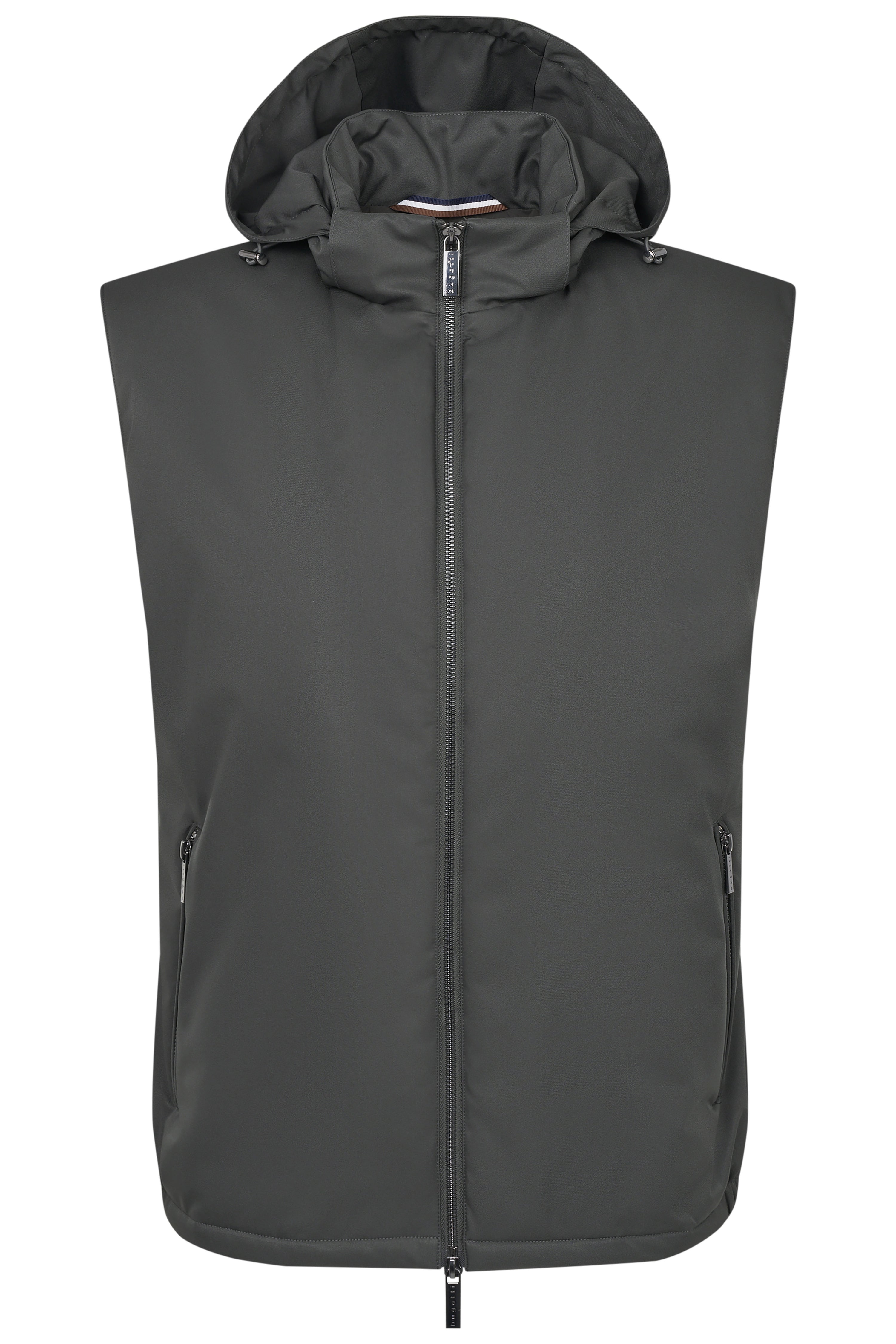 Donkergrijze bugatti bodywarmer met capuchon, vooraanzicht, casual borstbeeld.