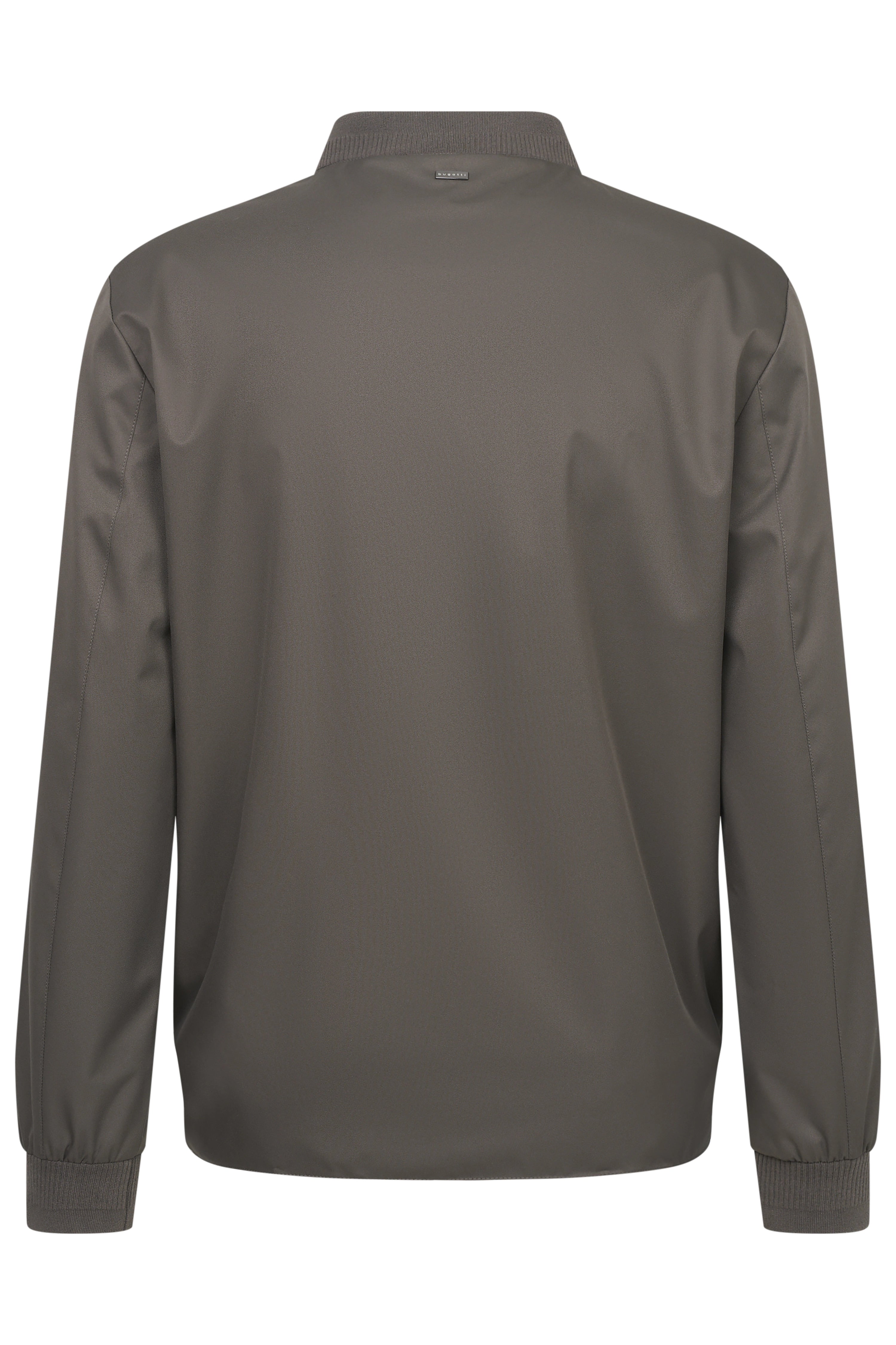Grijze bugatti jas, achterkant, casual buste, eenvoudig ontwerp, hoogwaardige materialen.