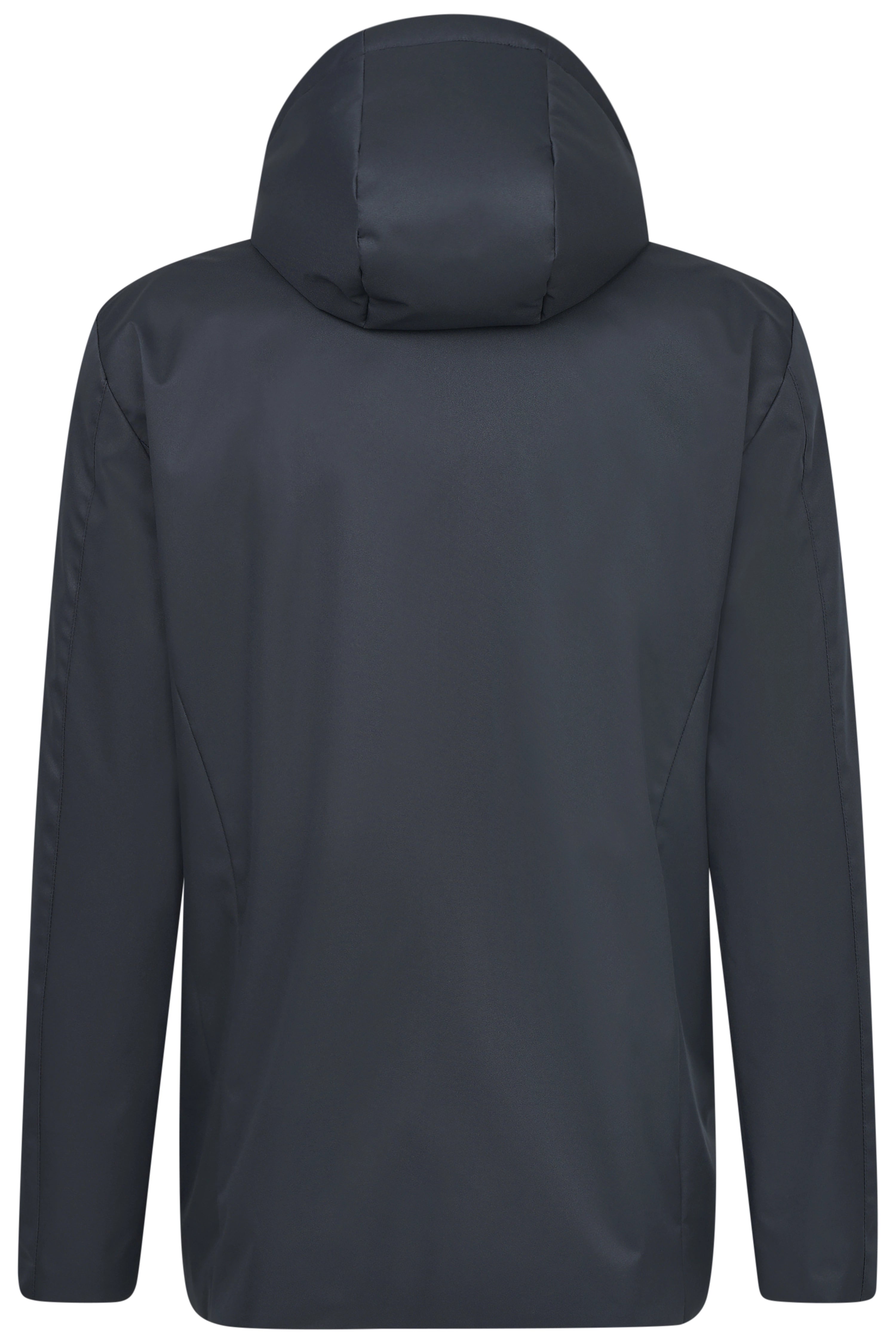 Donkerblauwe bugatti jas, achteraanzicht, casual design met capuchon en glad oppervlak.