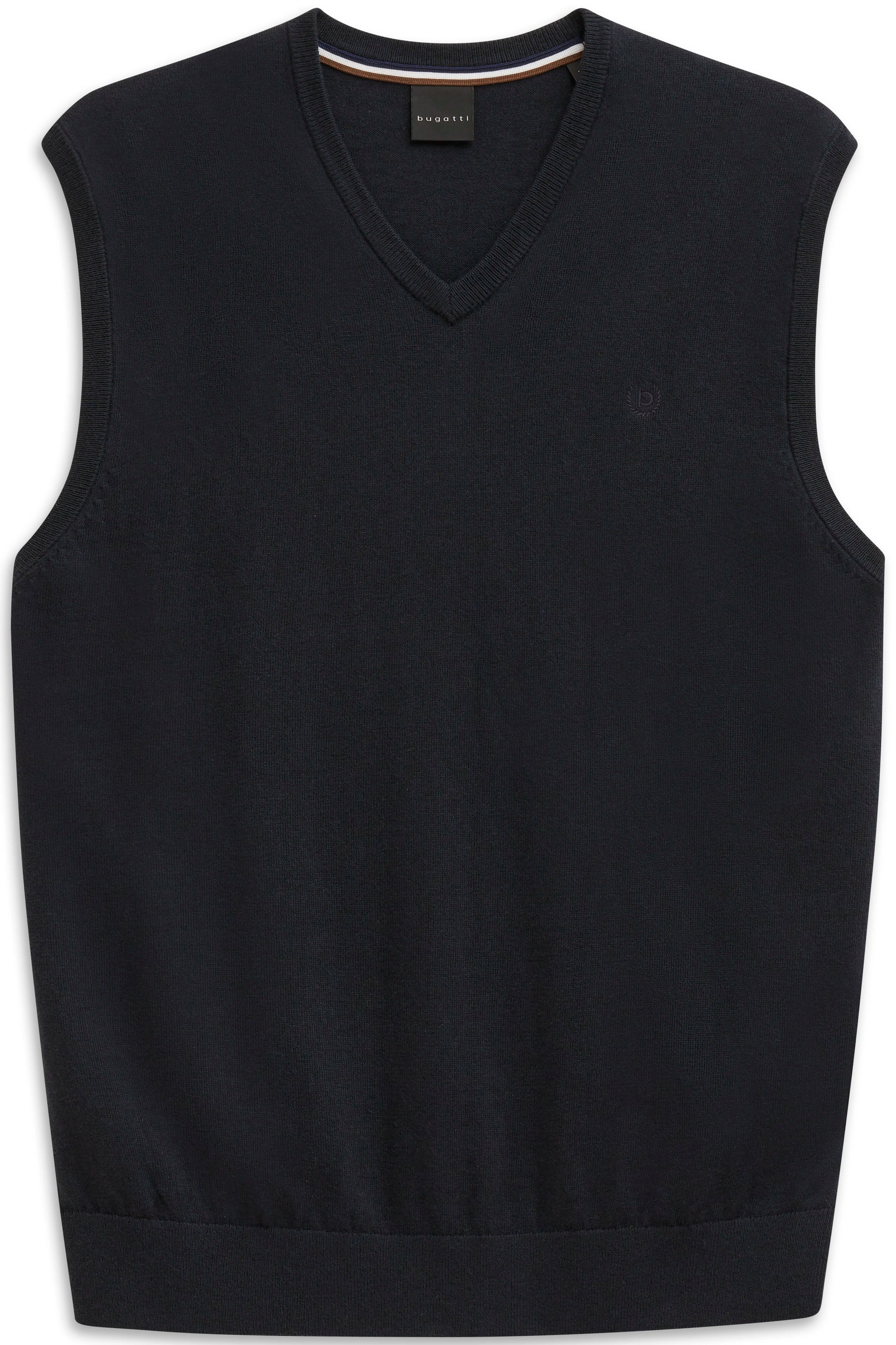 Ärmelloser Pullover von bugatti in Dunkelblau, V-Ausschnitt, Büstenbild.