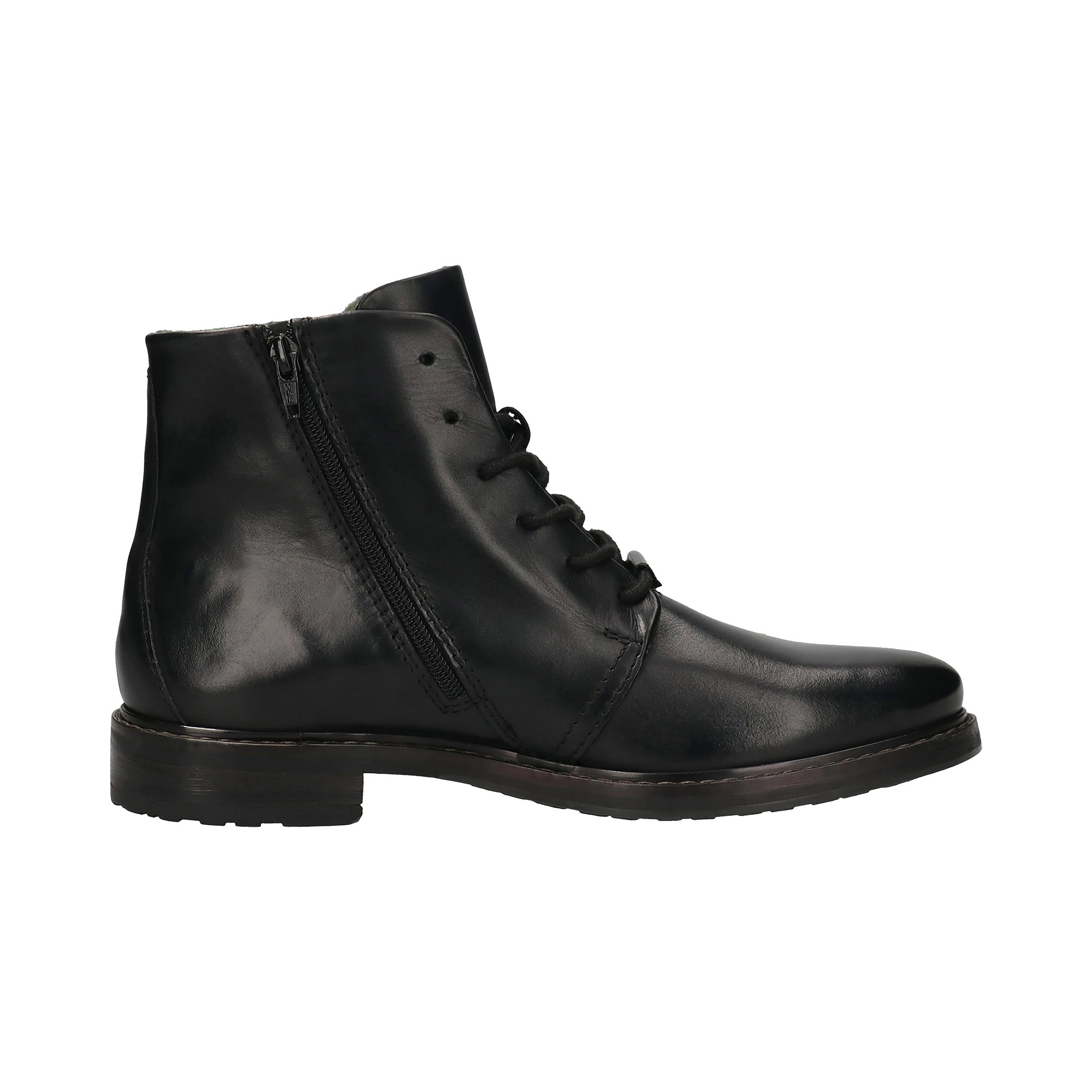 Black bugatti leather boot with side zipper, casual style.