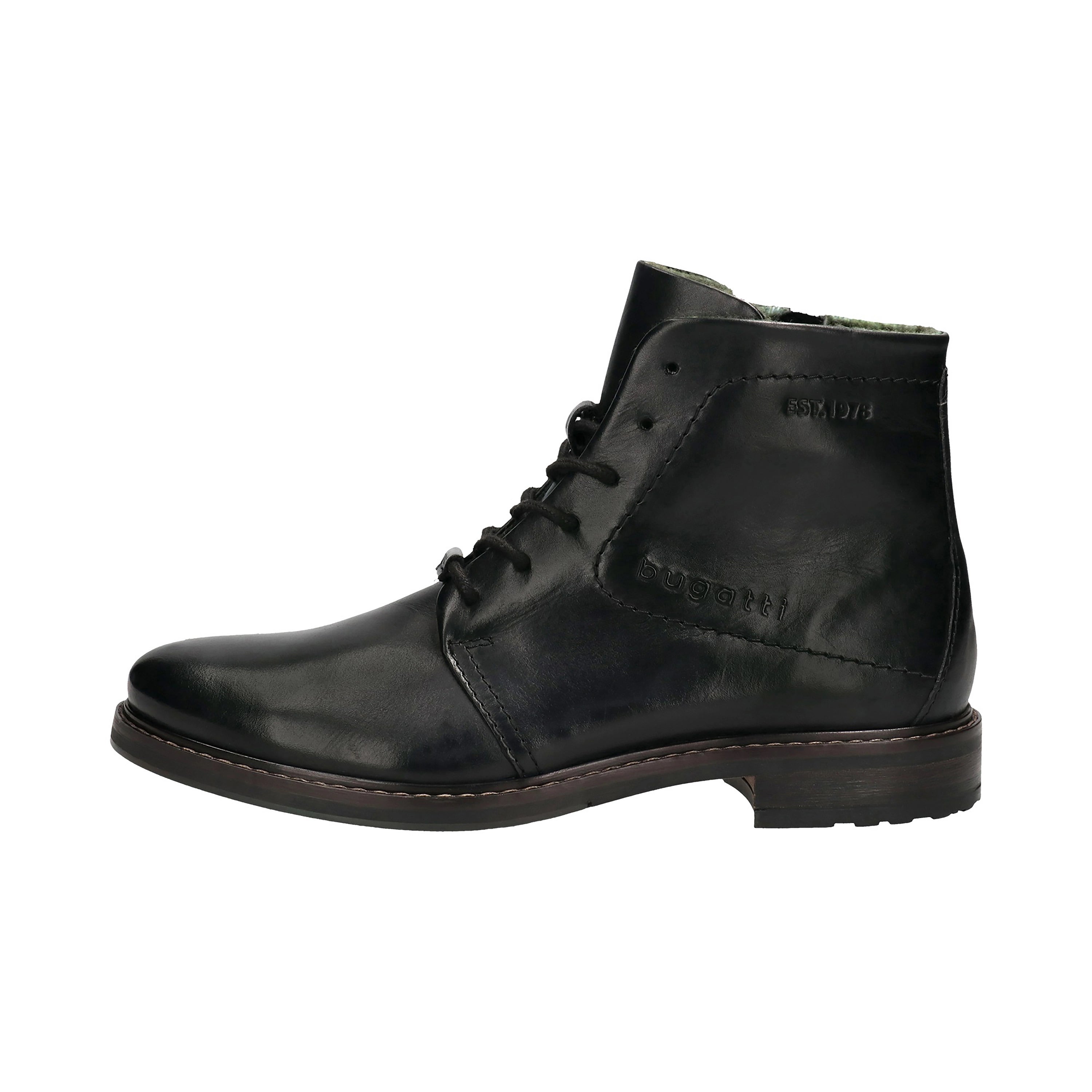 Black bugatti leather boot, side view, elegant design, portrait.
