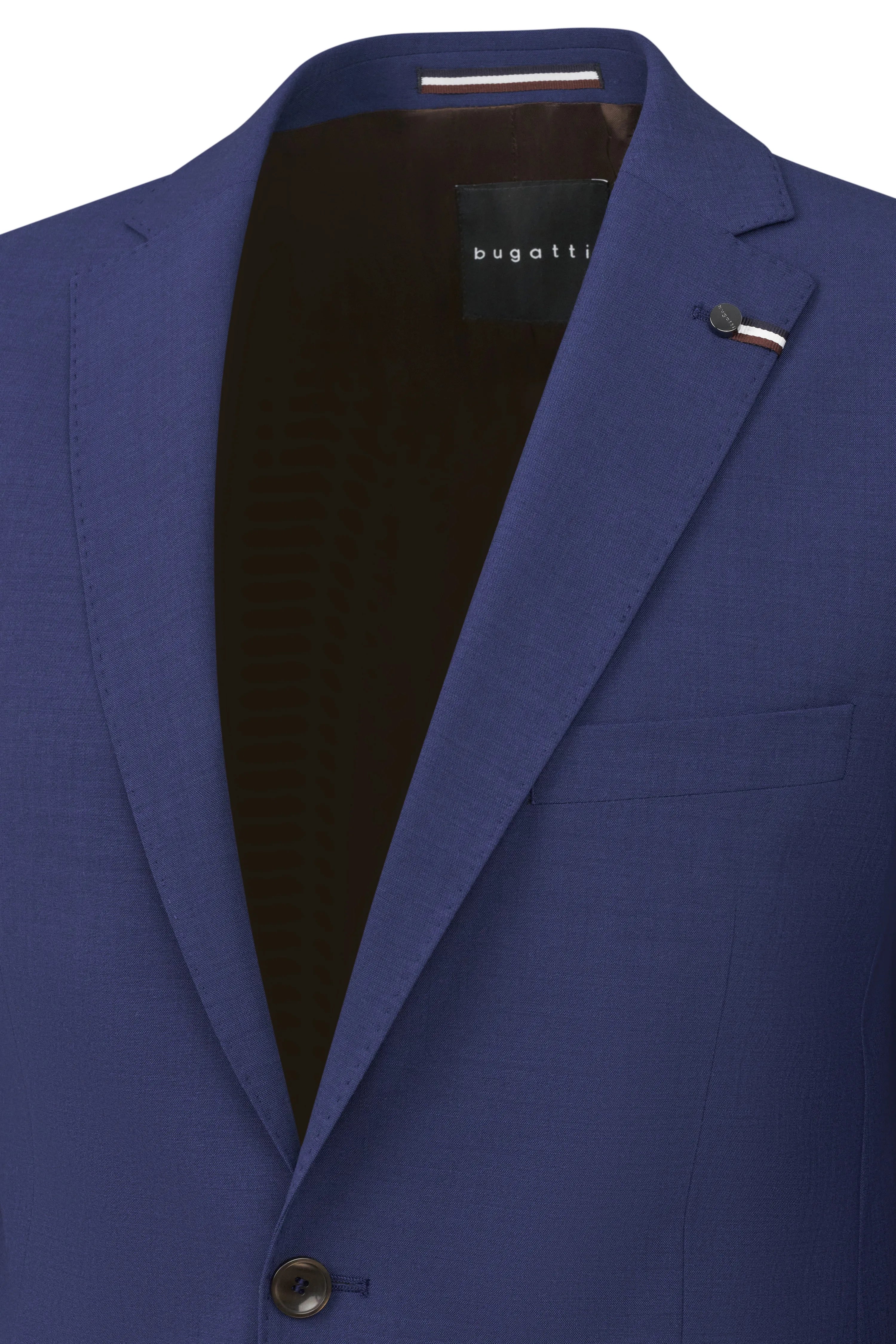 Blue bugatti blazer, close-up with button, bust view.