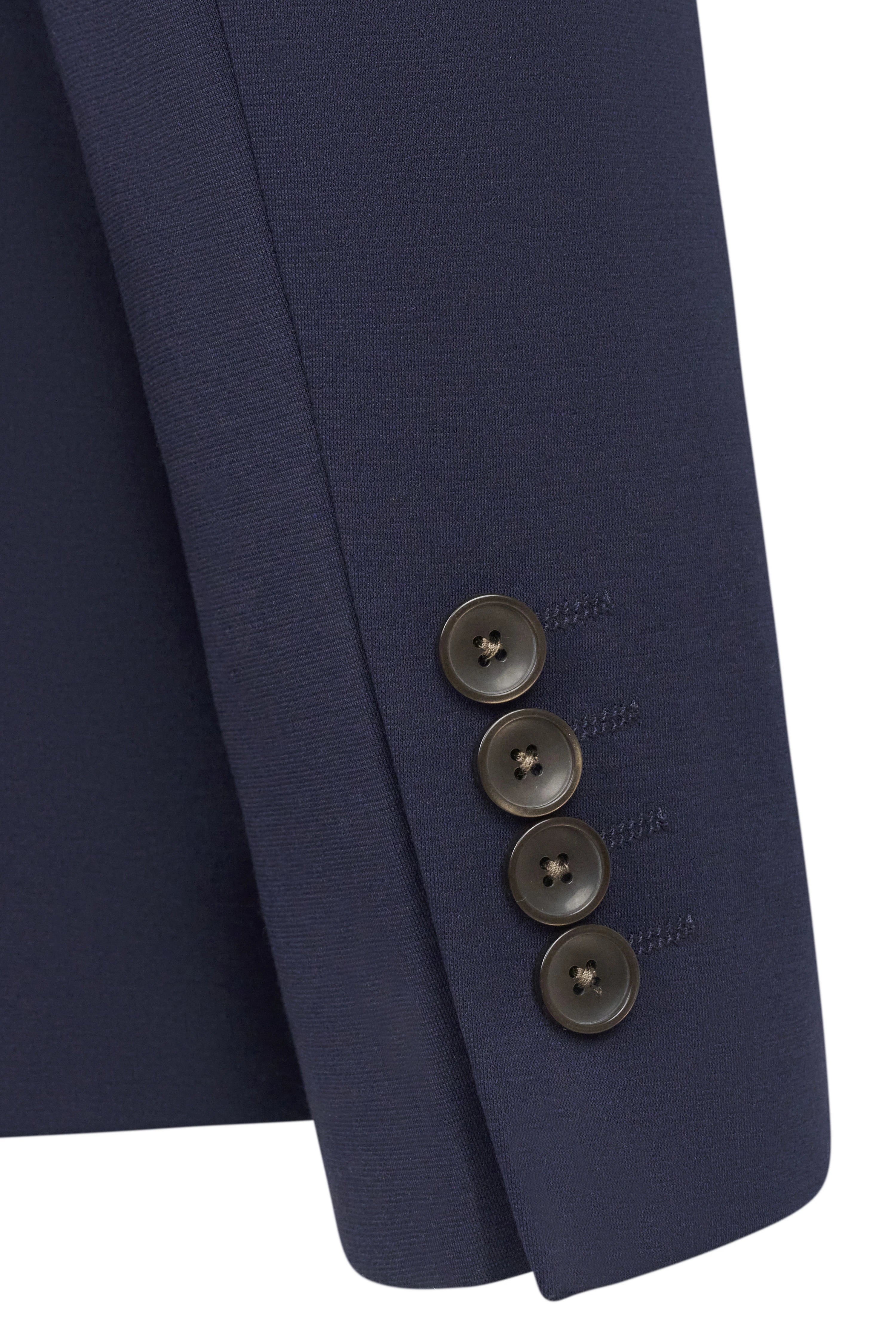 Dark blue bugatti suit sleeve with four buttons, detailed view.