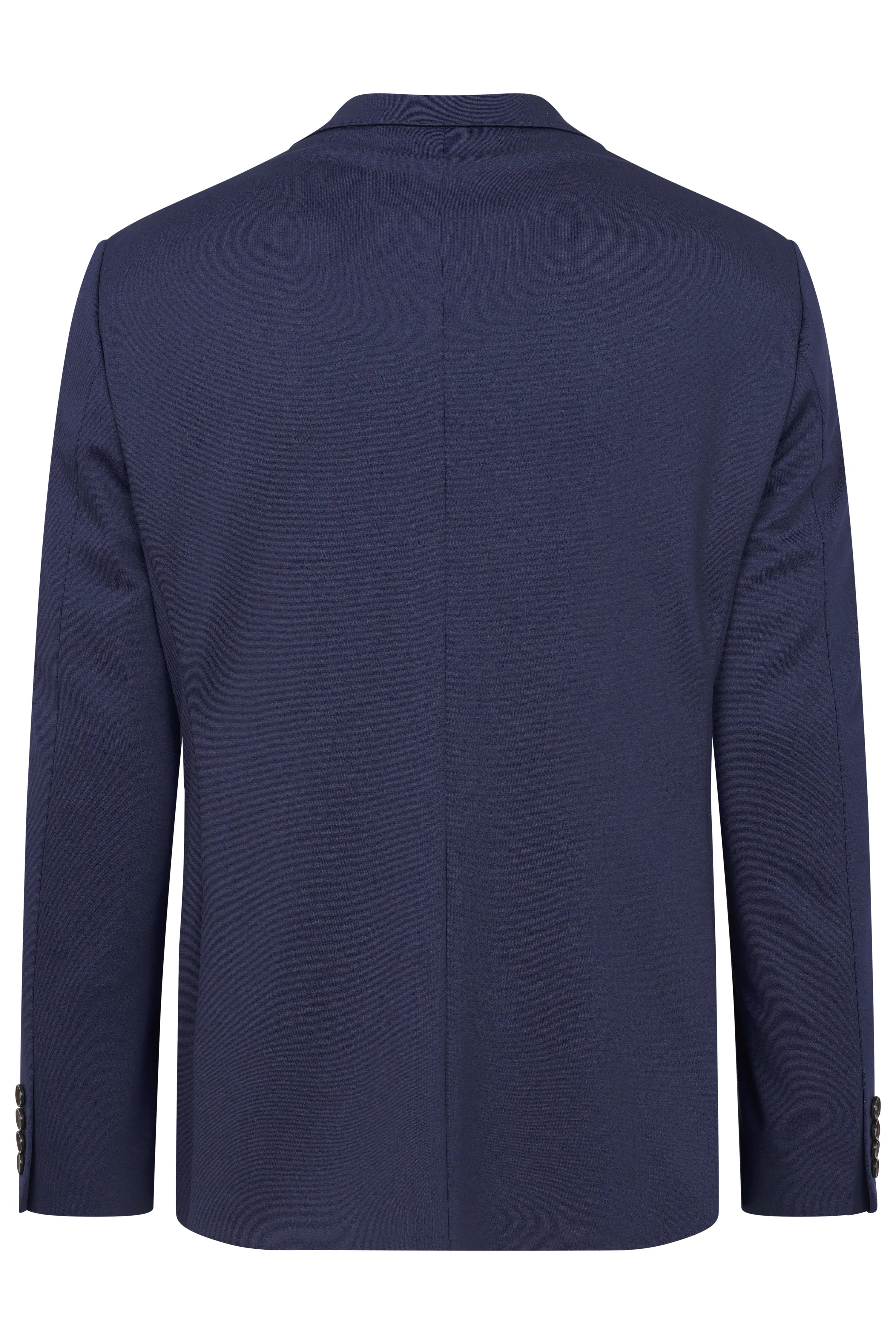 Navy blazer back view, elegant design, bust image, bugatti style and quality.