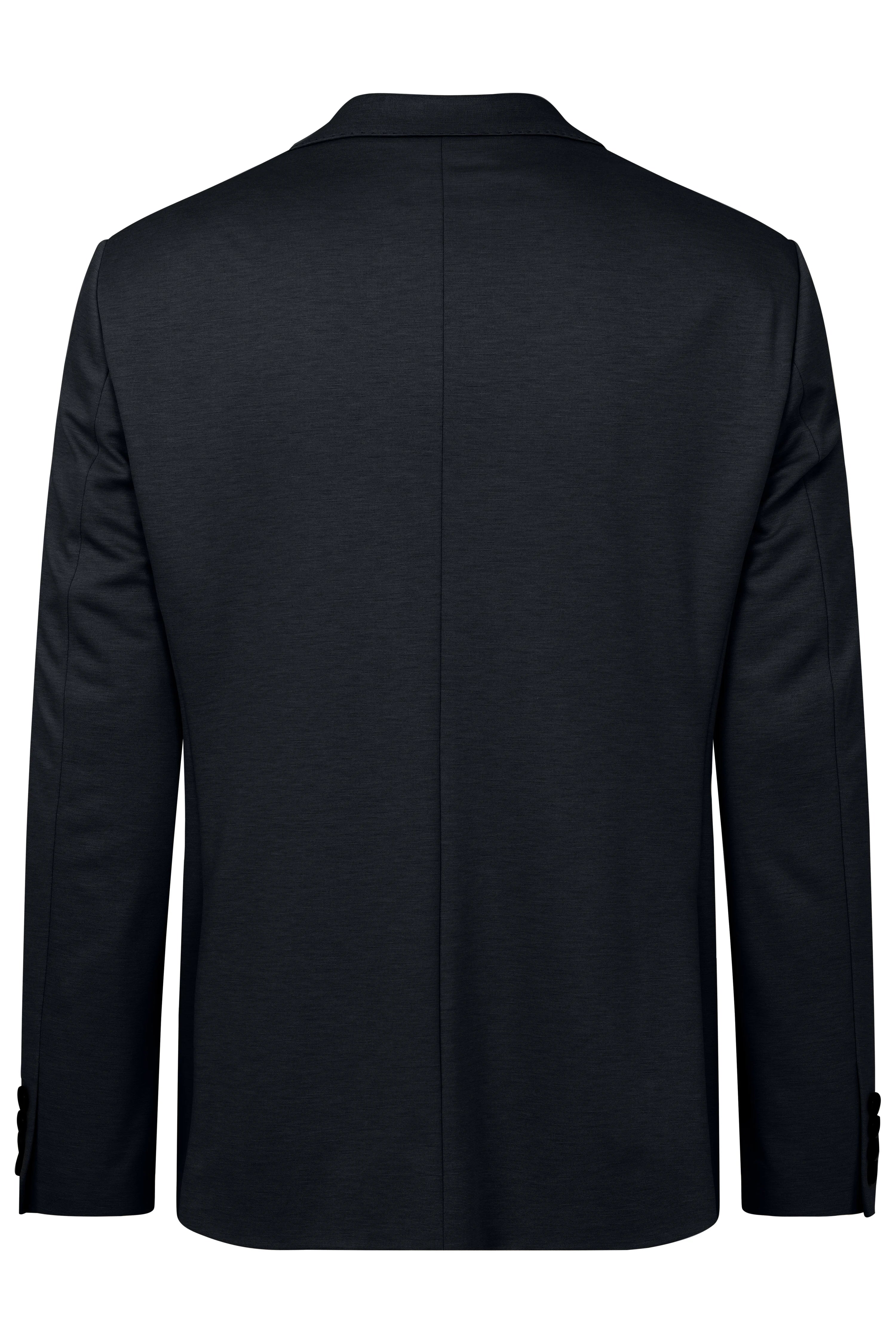 Rear view of elegant black bugatti blazer, no pattern. Bust shot.