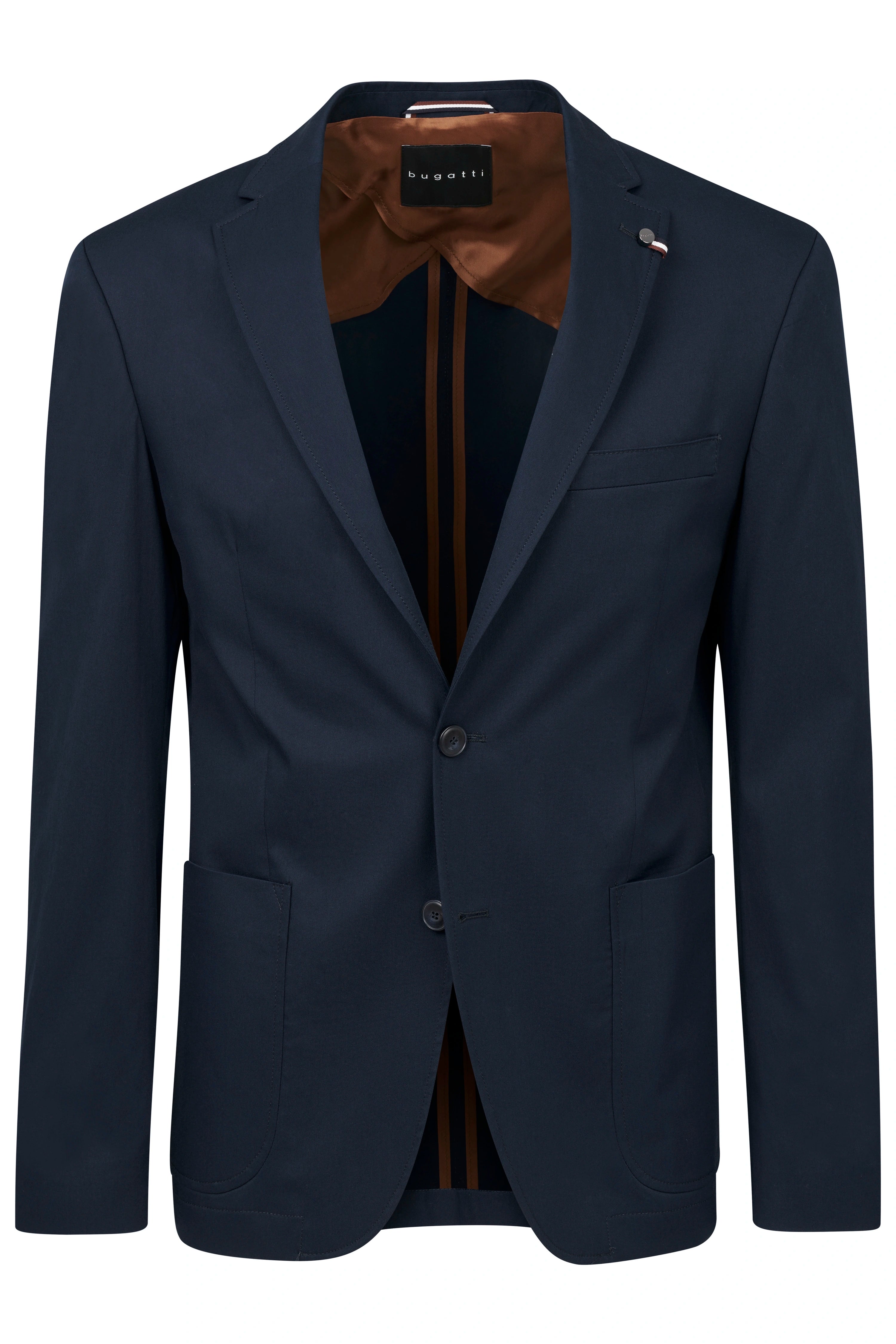 Model in bugatti outfit with navy blazer, white shirt, beige trousers