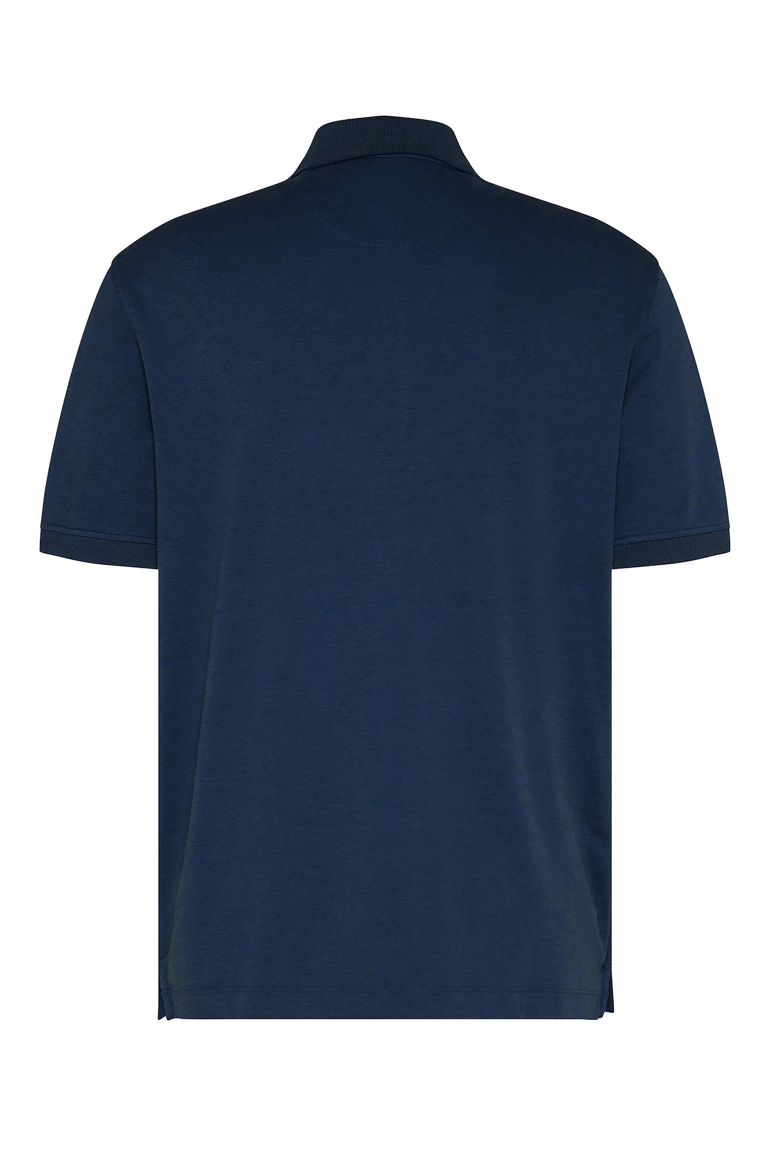 Navy blue bugatti polo shirt, back view, no pattern, casual bust shot.