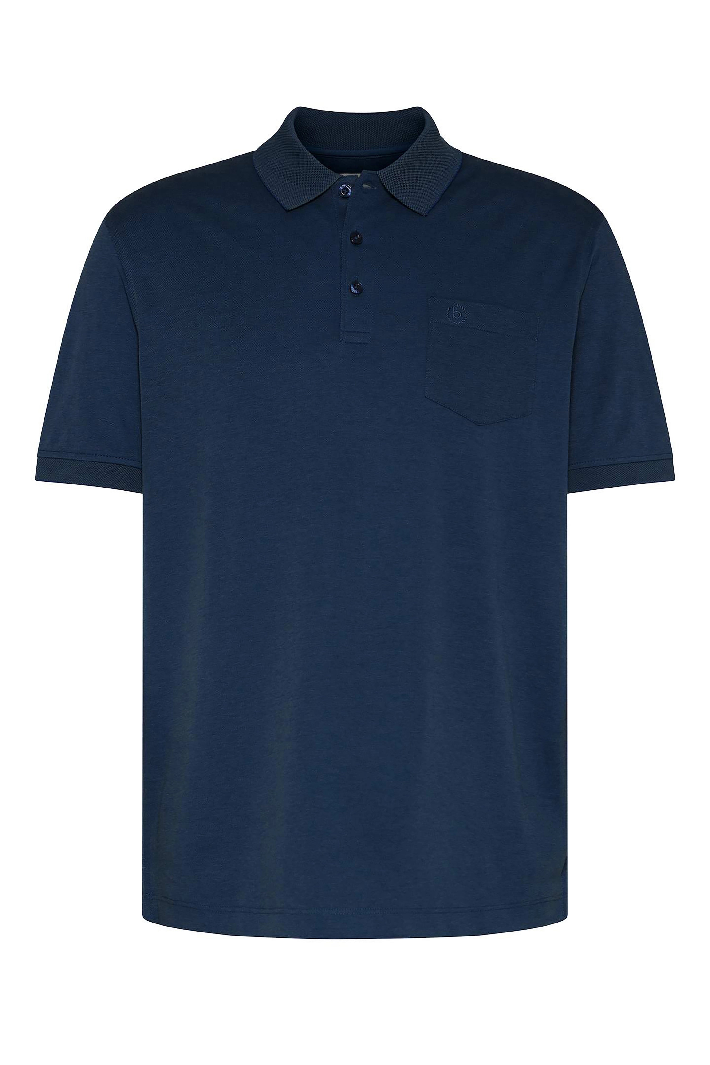 Navy blue bugatti polo shirt, classic fit, bust view.