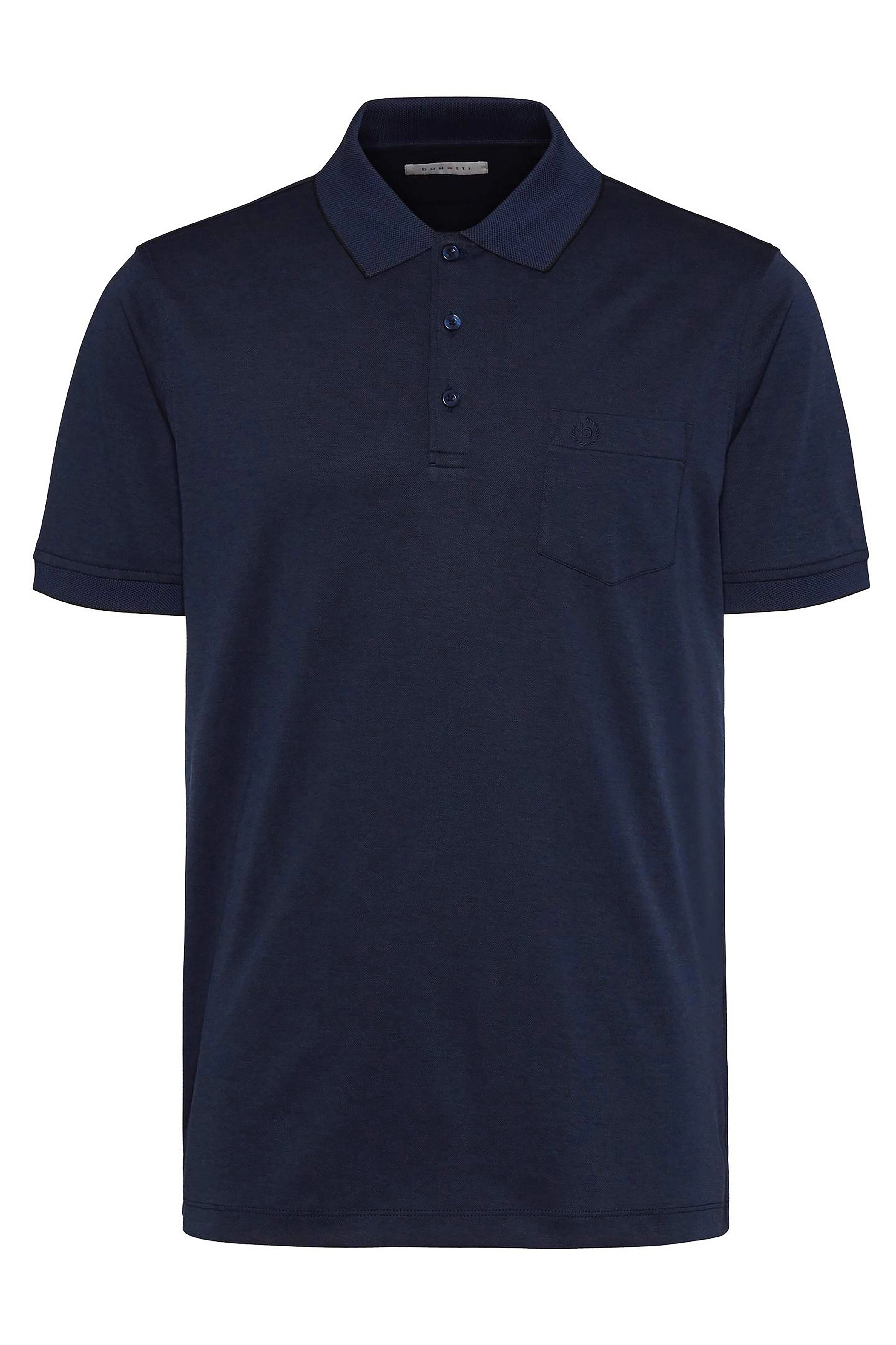 Dark blue bugatti polo shirt, bust view, classic elegance.