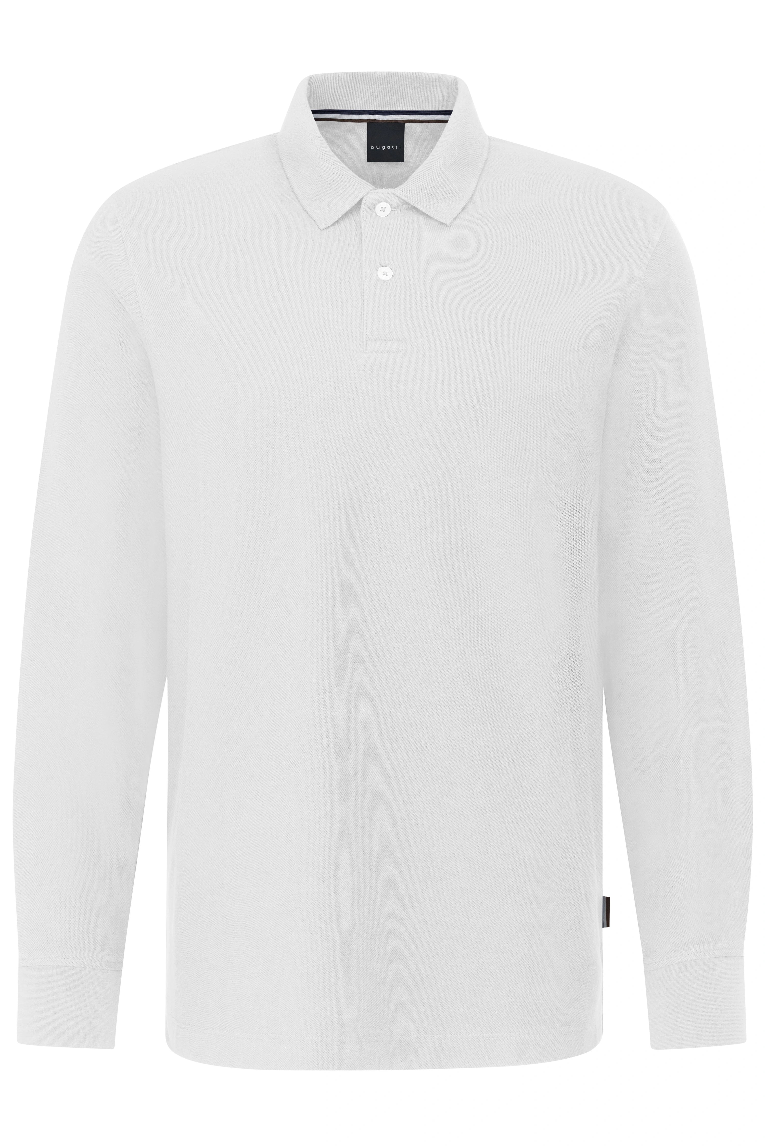 White long-sleeve polo, bust view, showcasing bugatti's classic style with subtle details.