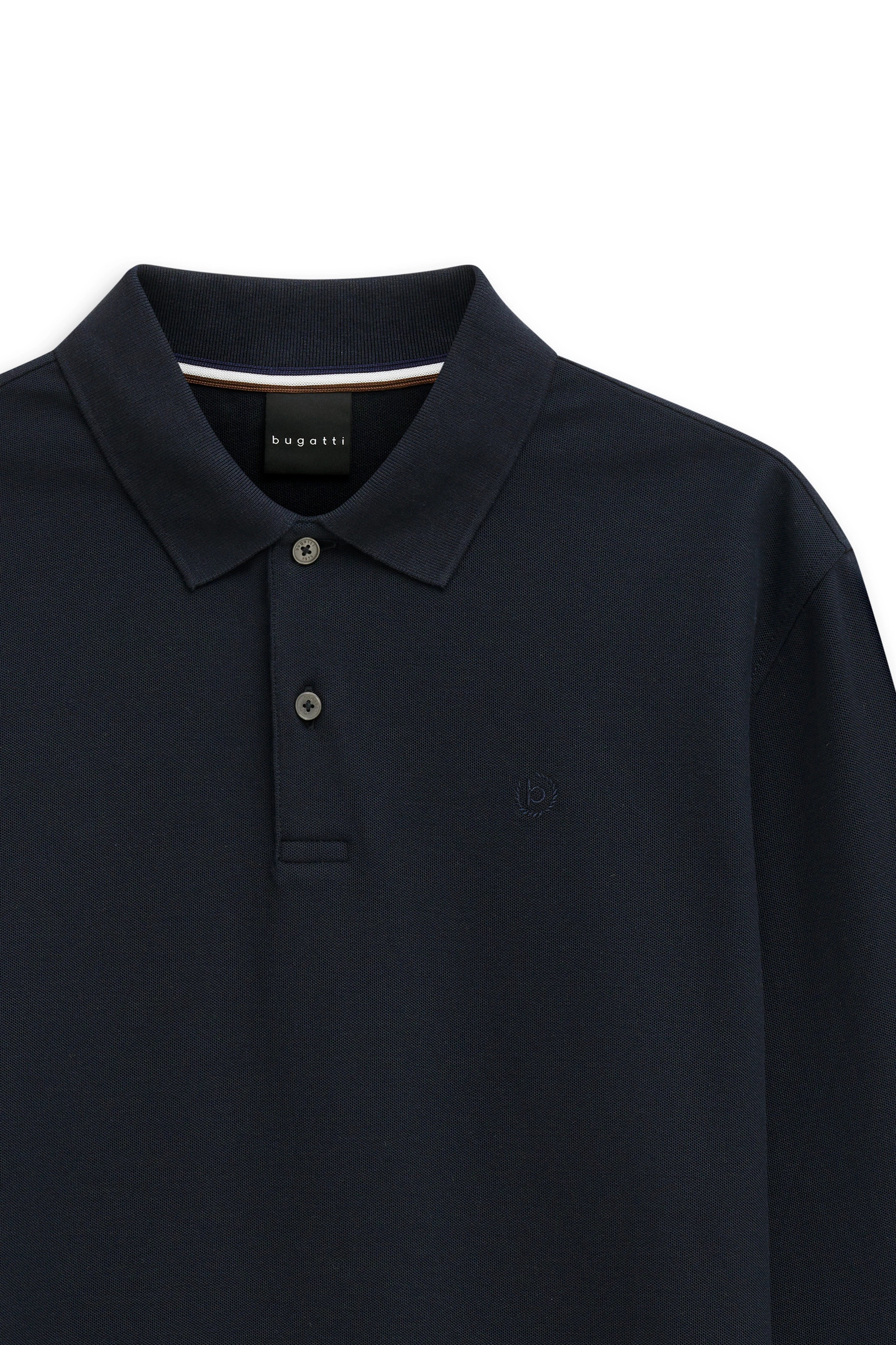 Dunkelblaues bugatti Polo-Shirt, klassisches Design, Büstenbild, zeitlos elegant.