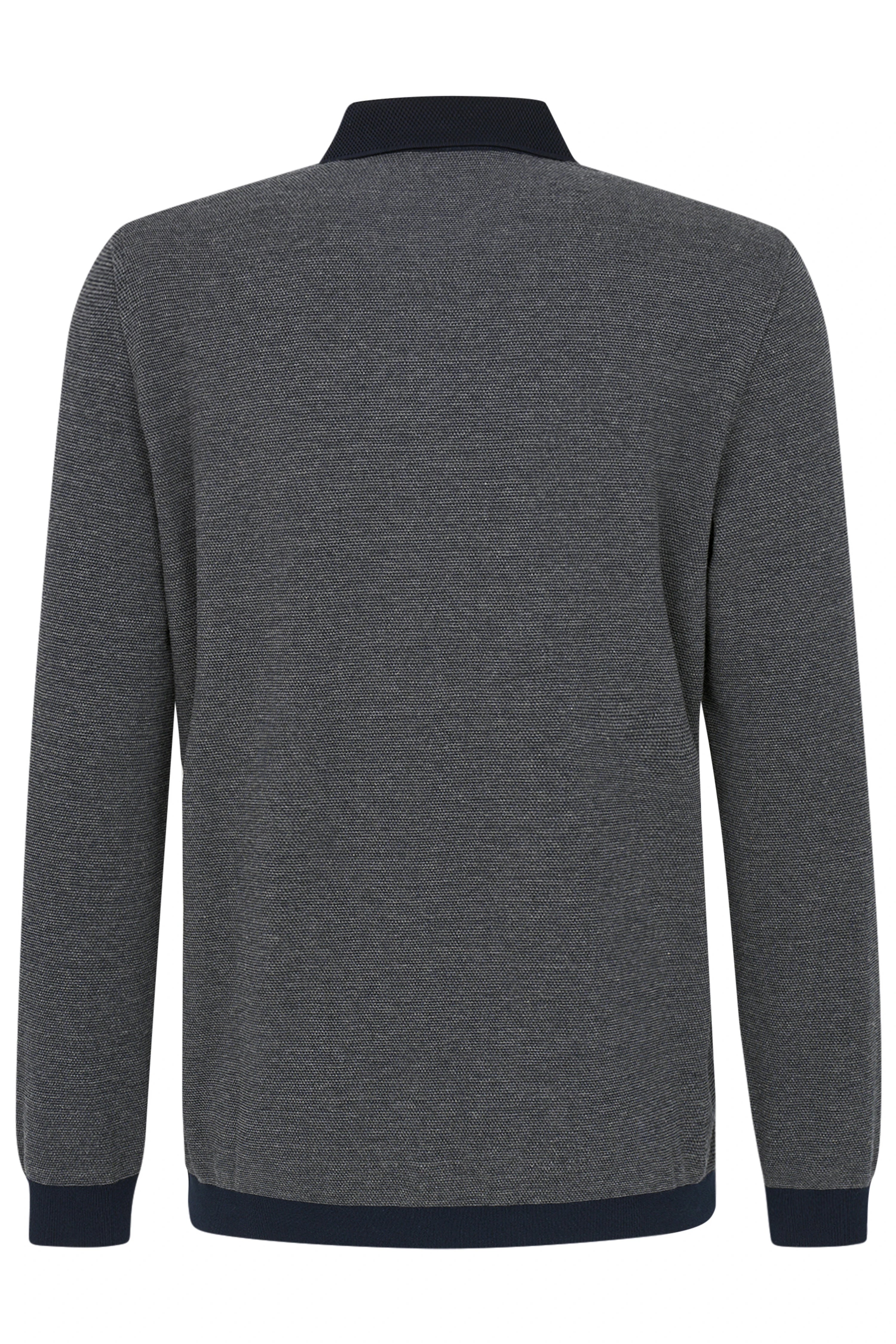Gray bugatti sweater with dark blue collar, bust image, elegant design.