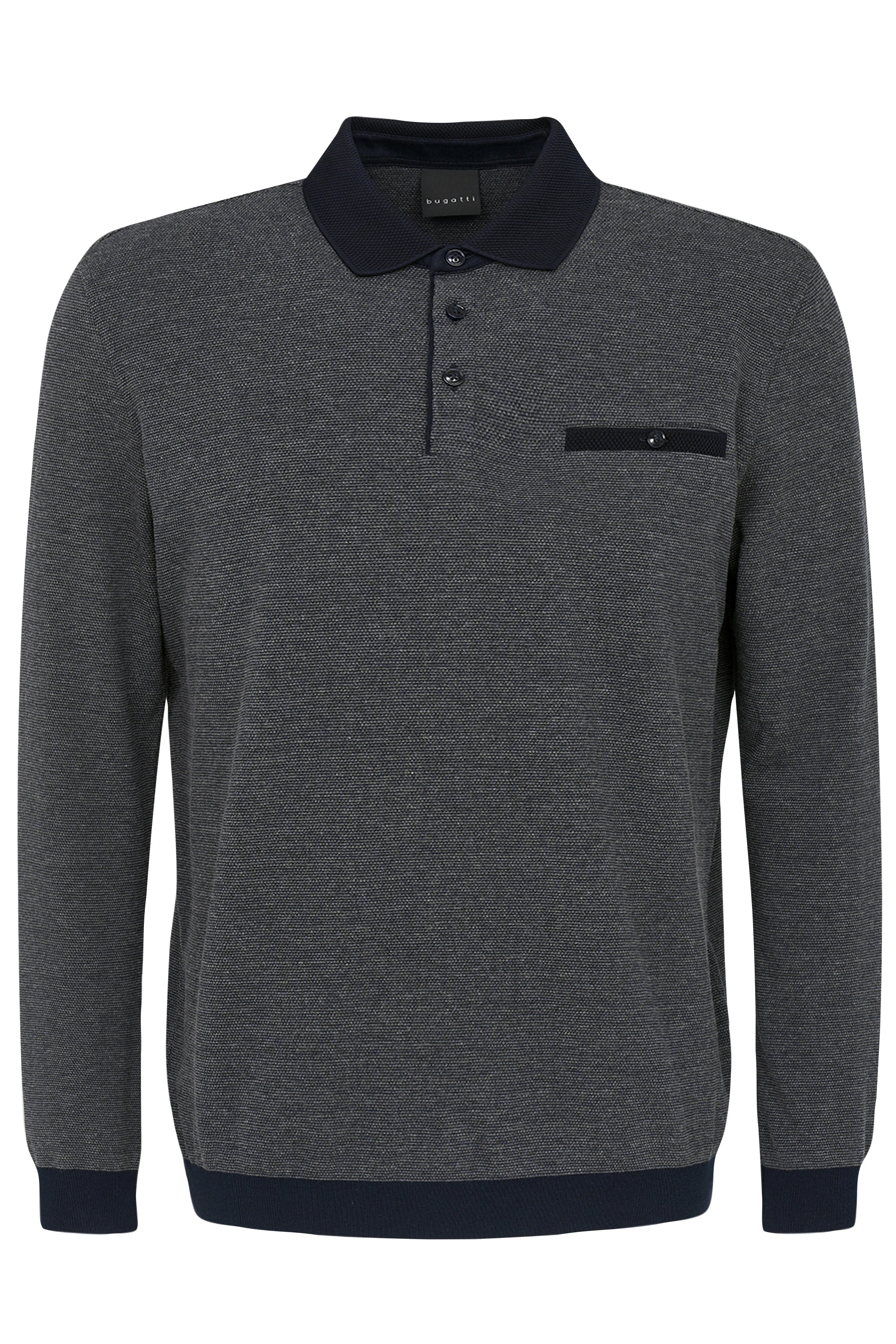 Grey bugatti long-sleeve polo, navy collar, casual bust view.