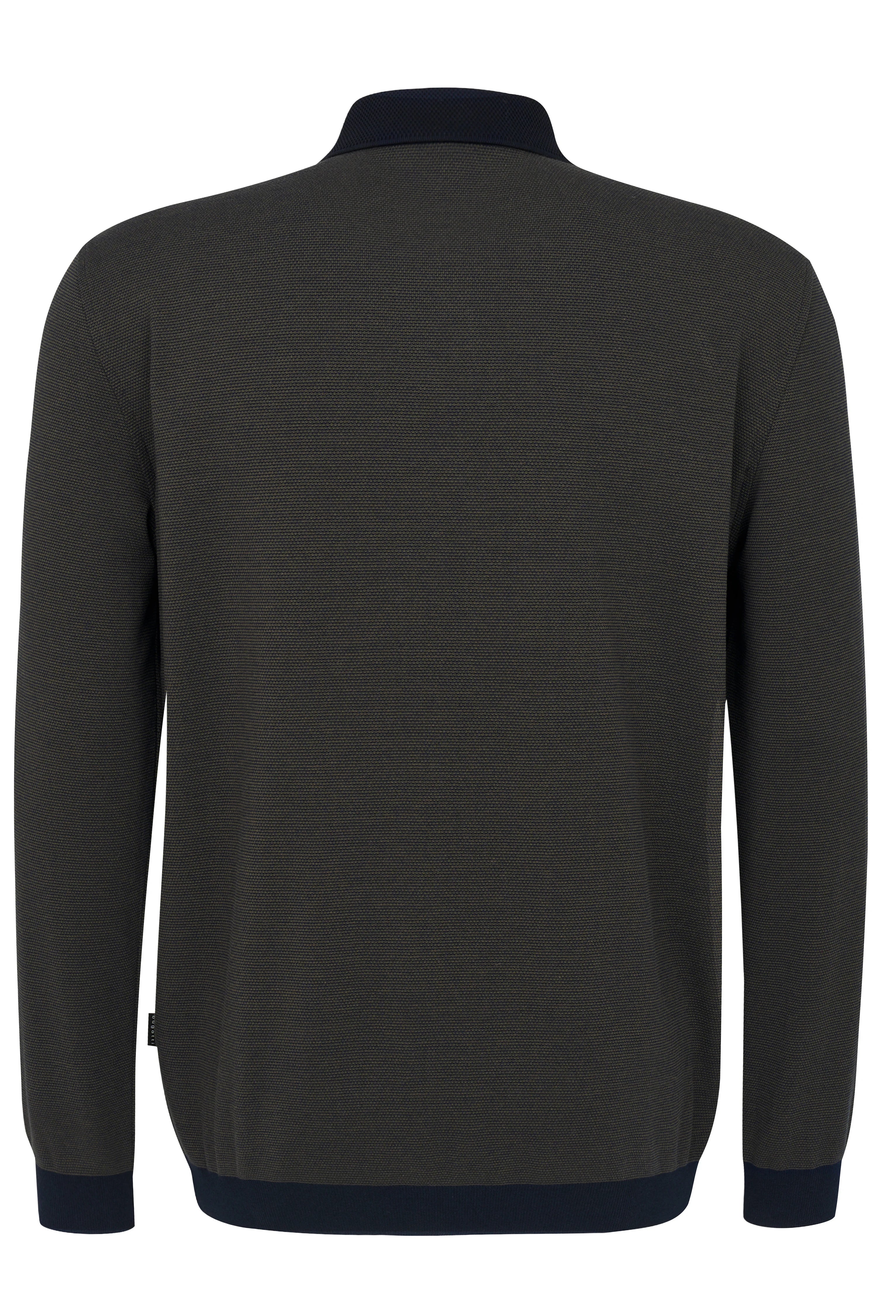 Dunkeloliver Pullover von bugatti in Büstenansicht, elegante Struktur und Kontrastbündchen.
