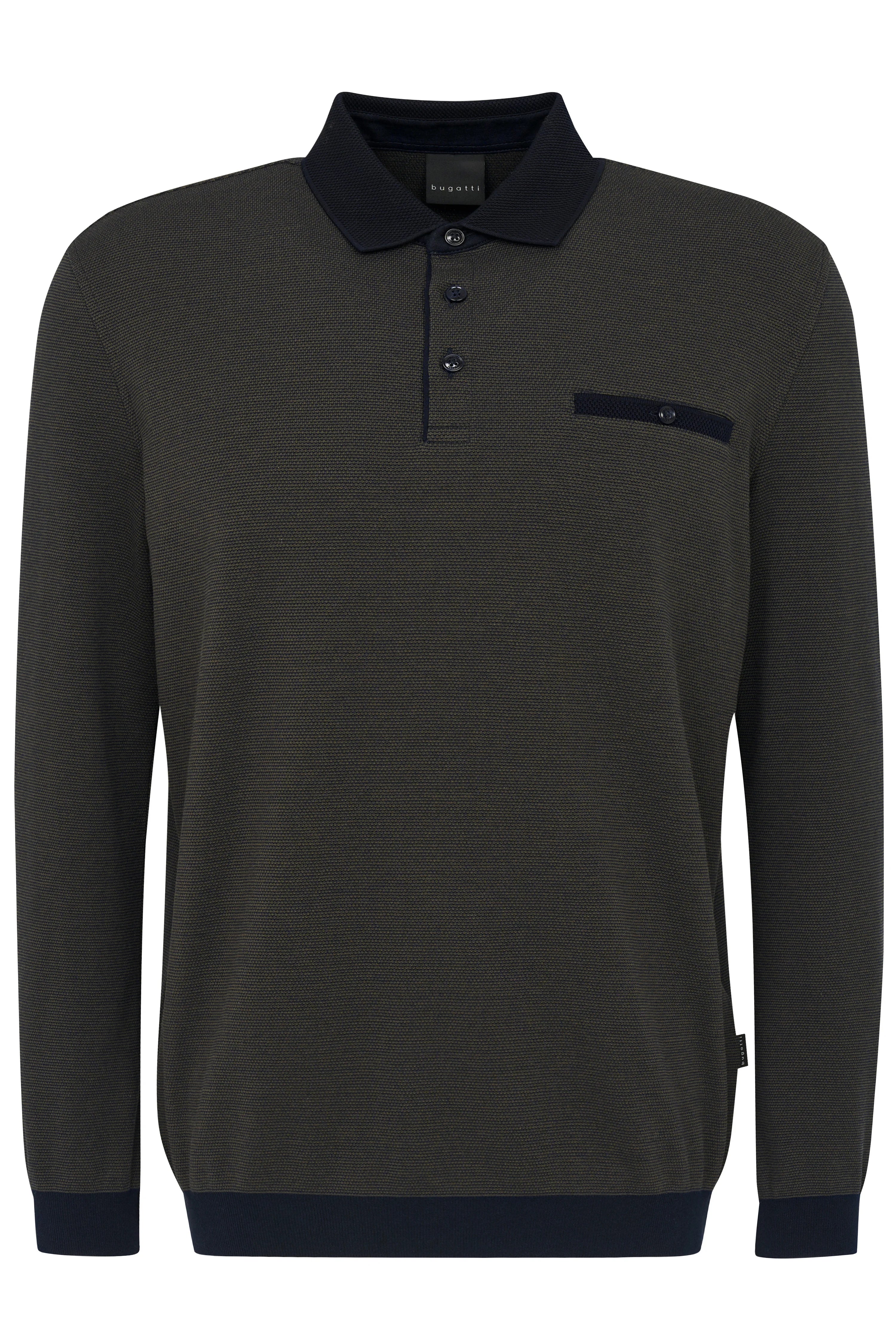 Dunkelgrüner bugatti Pullover mit Polokragen und Brusttasche, legeres Büstenbild.