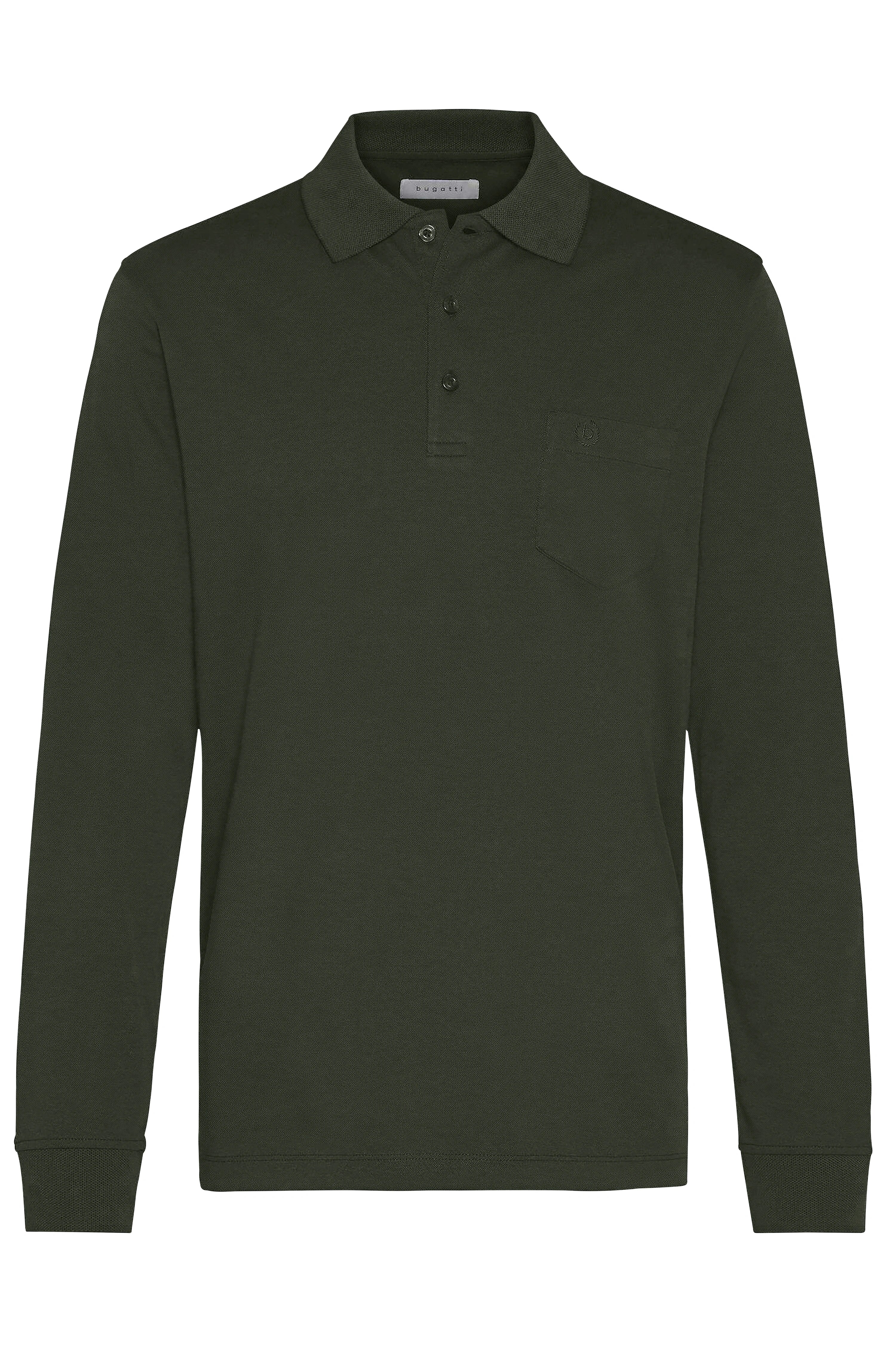 Dark green long-sleeve polo shirt by bugatti, bust view, classic design.