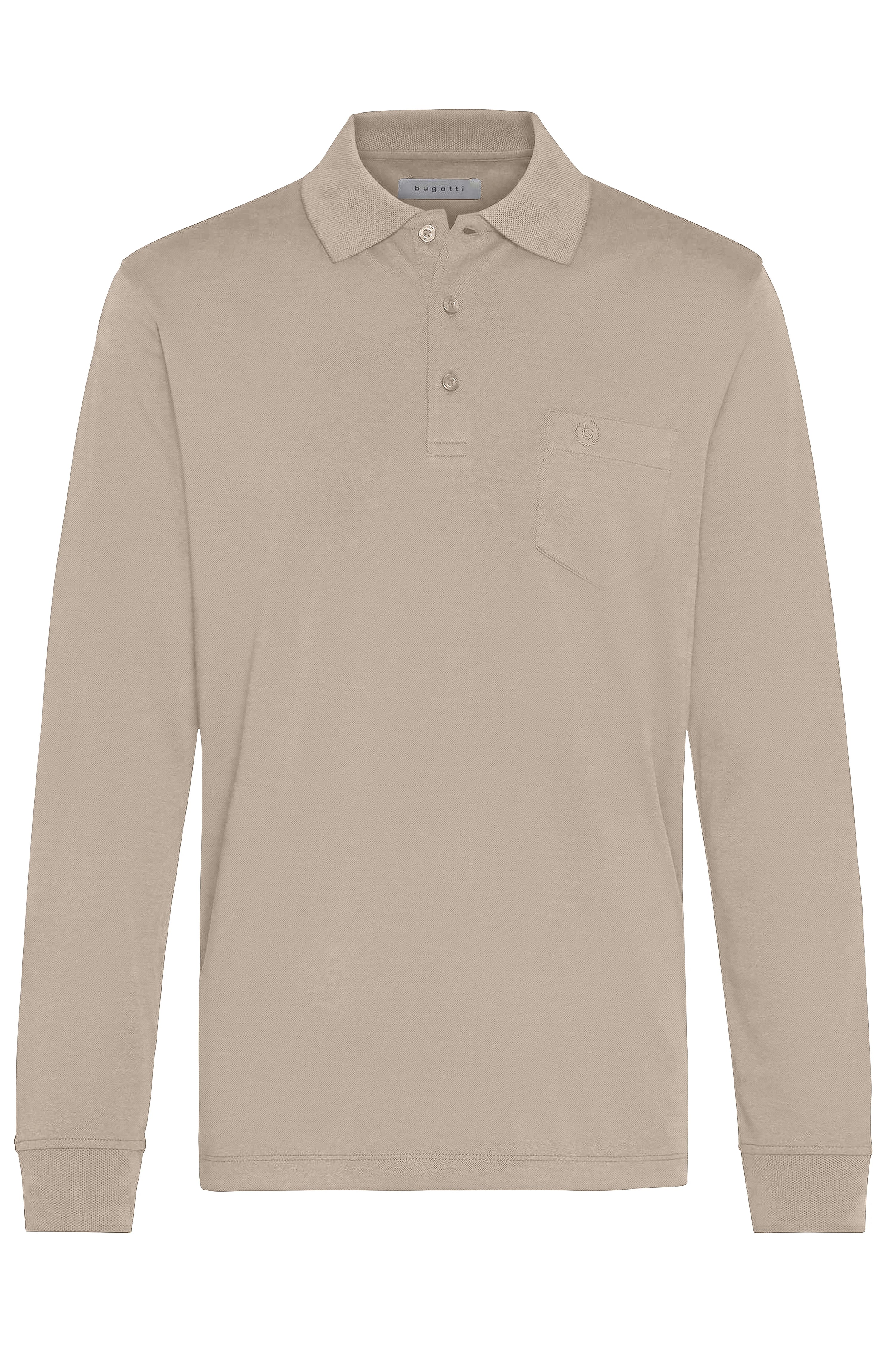 Beige long-sleeve polo shirt by bugatti with chest pocket and button placket. Bust view.