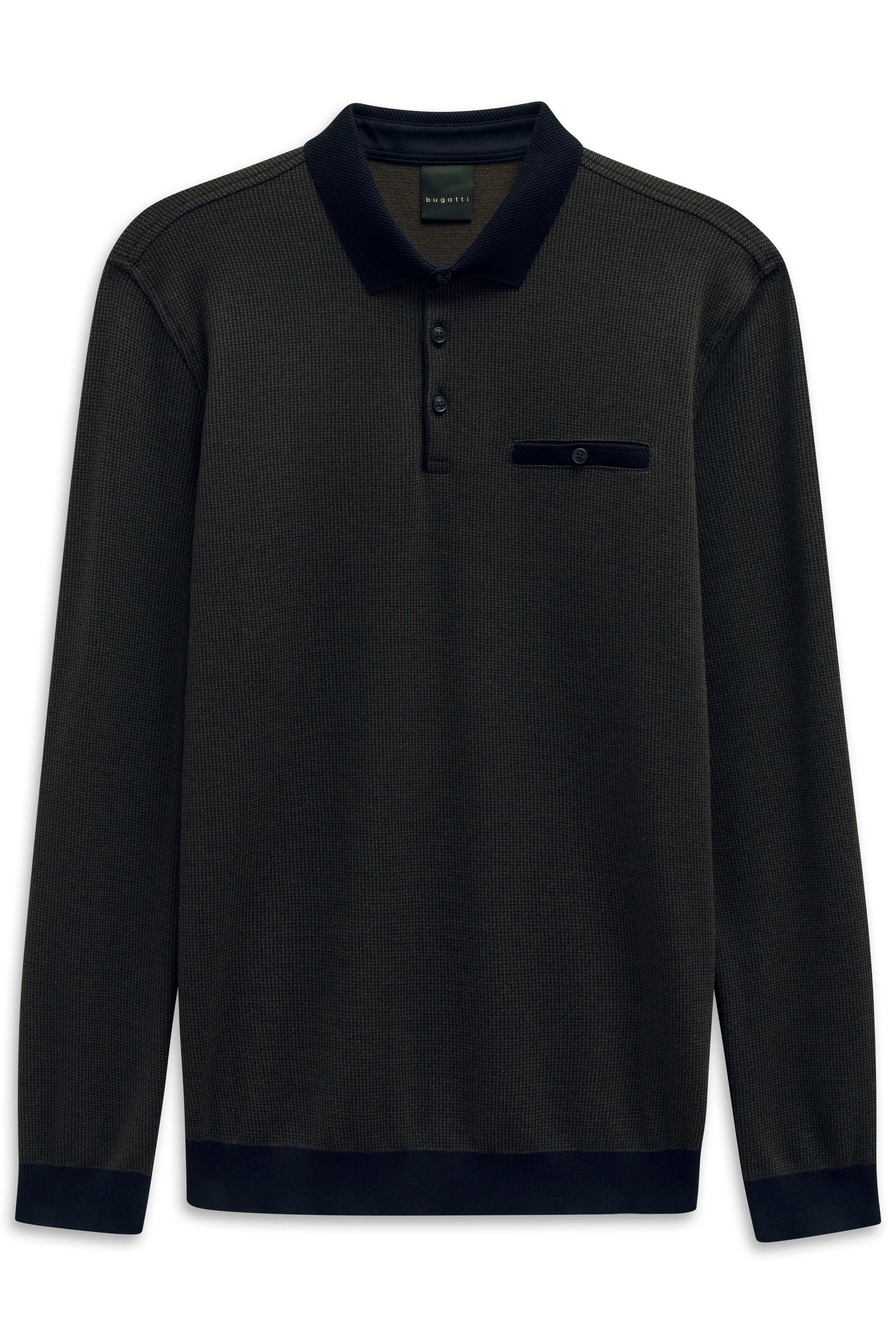 Long-sleeve bugatti polo shirt in dark green with button placket, bust view.