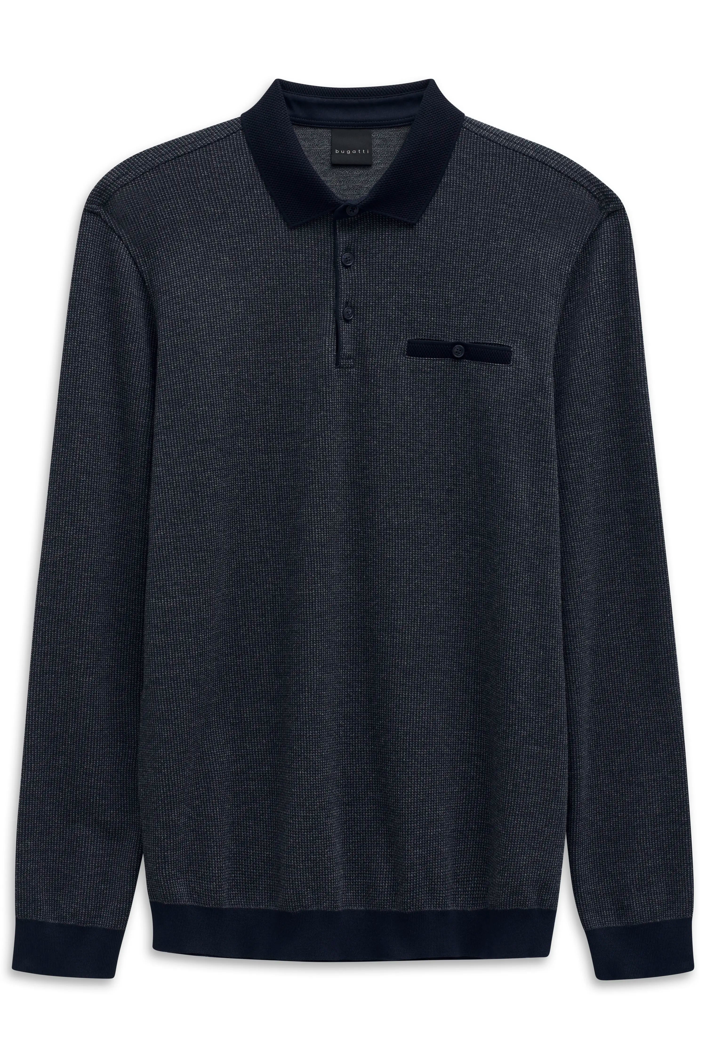 Dark blue bugatti sweater, fine pattern, bust image, timeless elegance and style.
