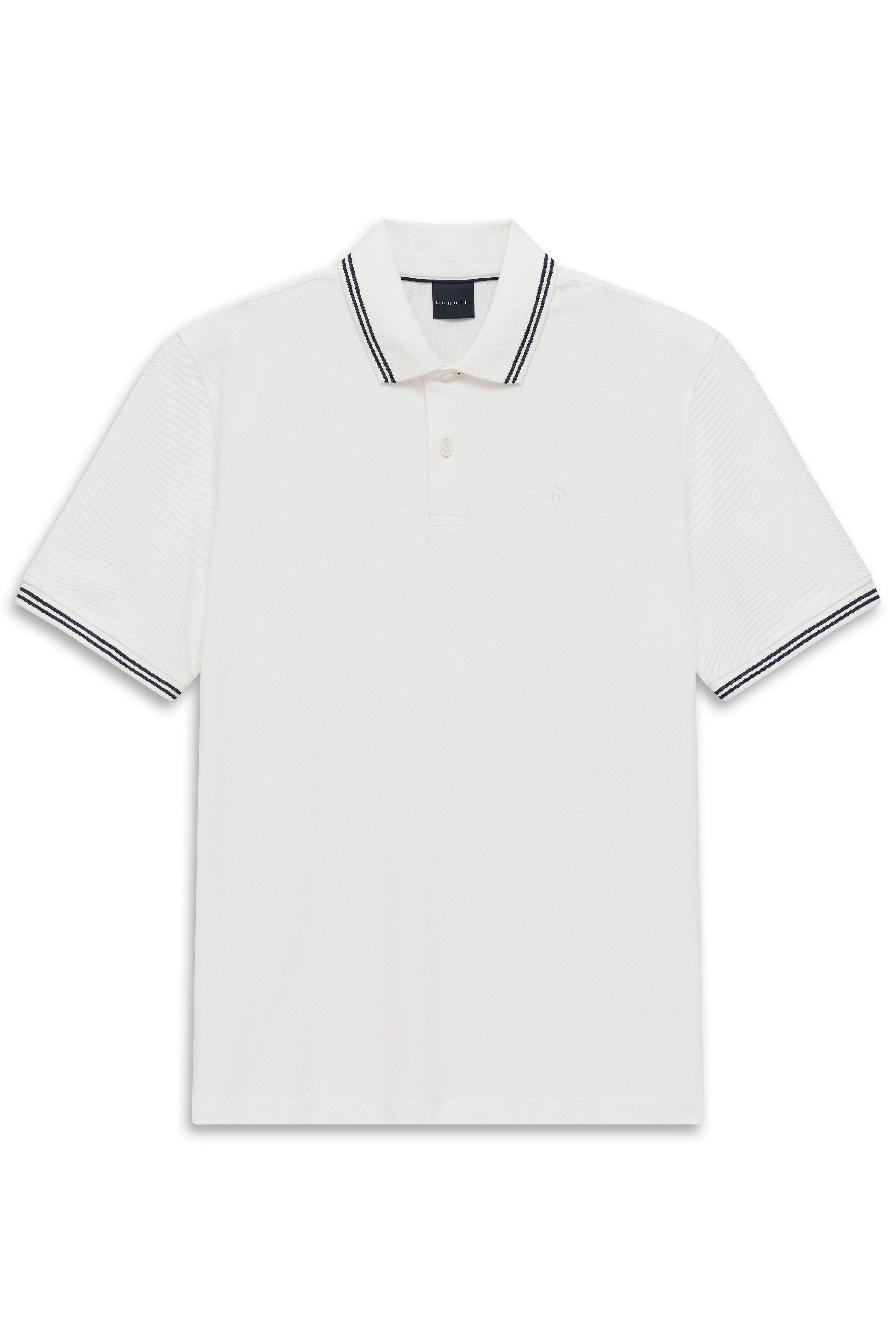 Weißes bugatti Polohemd mit schwarzen Streifen an Kragen und Ärmeln, Büstenbild.