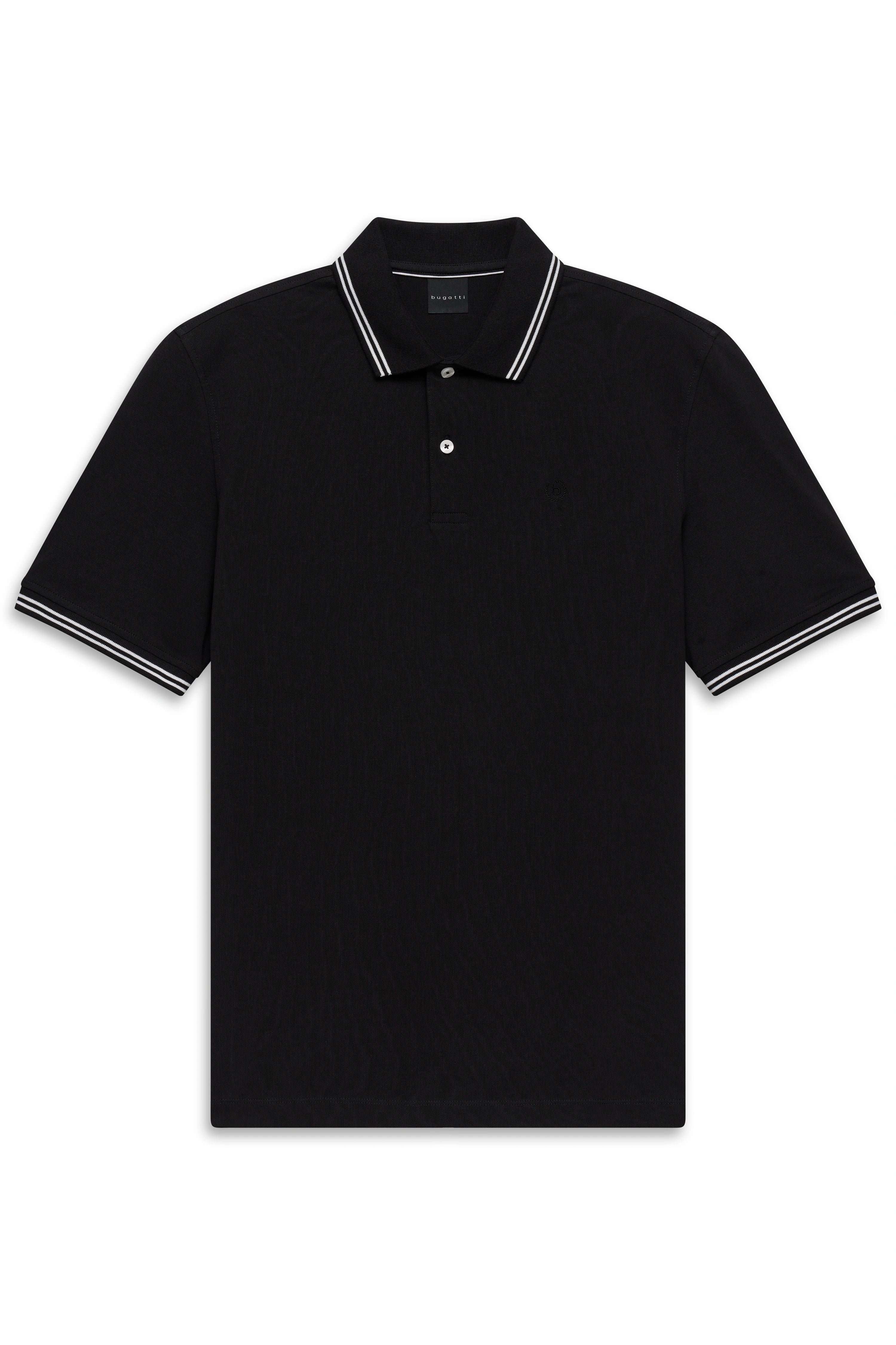 Schwarzes bugatti Polohemd mit weißem Kragen, legeres Büstenbild.