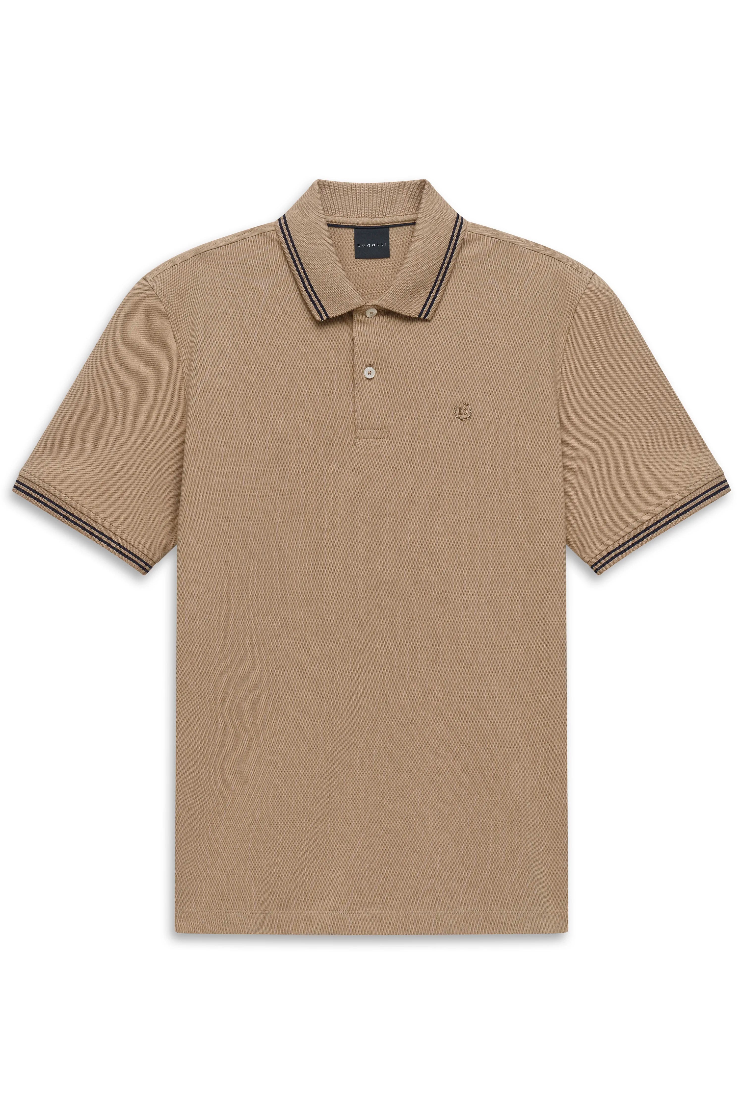 Beiges bugatti Polohemd mit Streifen am Kragen, Büstenbild, klassisch und stilvoll.