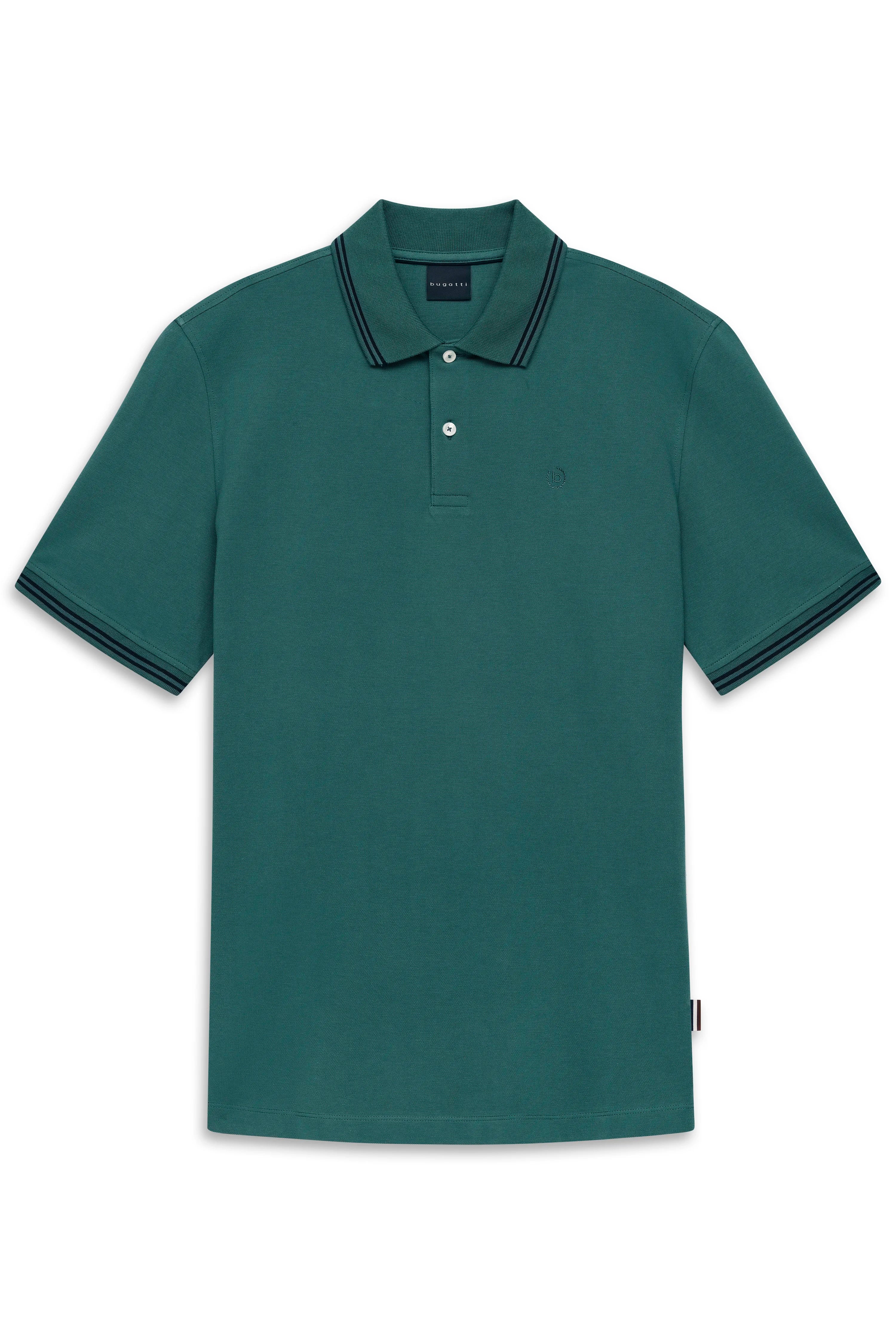 Grünes bugatti Poloshirt mit Kragen und kurzen Ärmeln, schlichtes Design, Büstenbild.