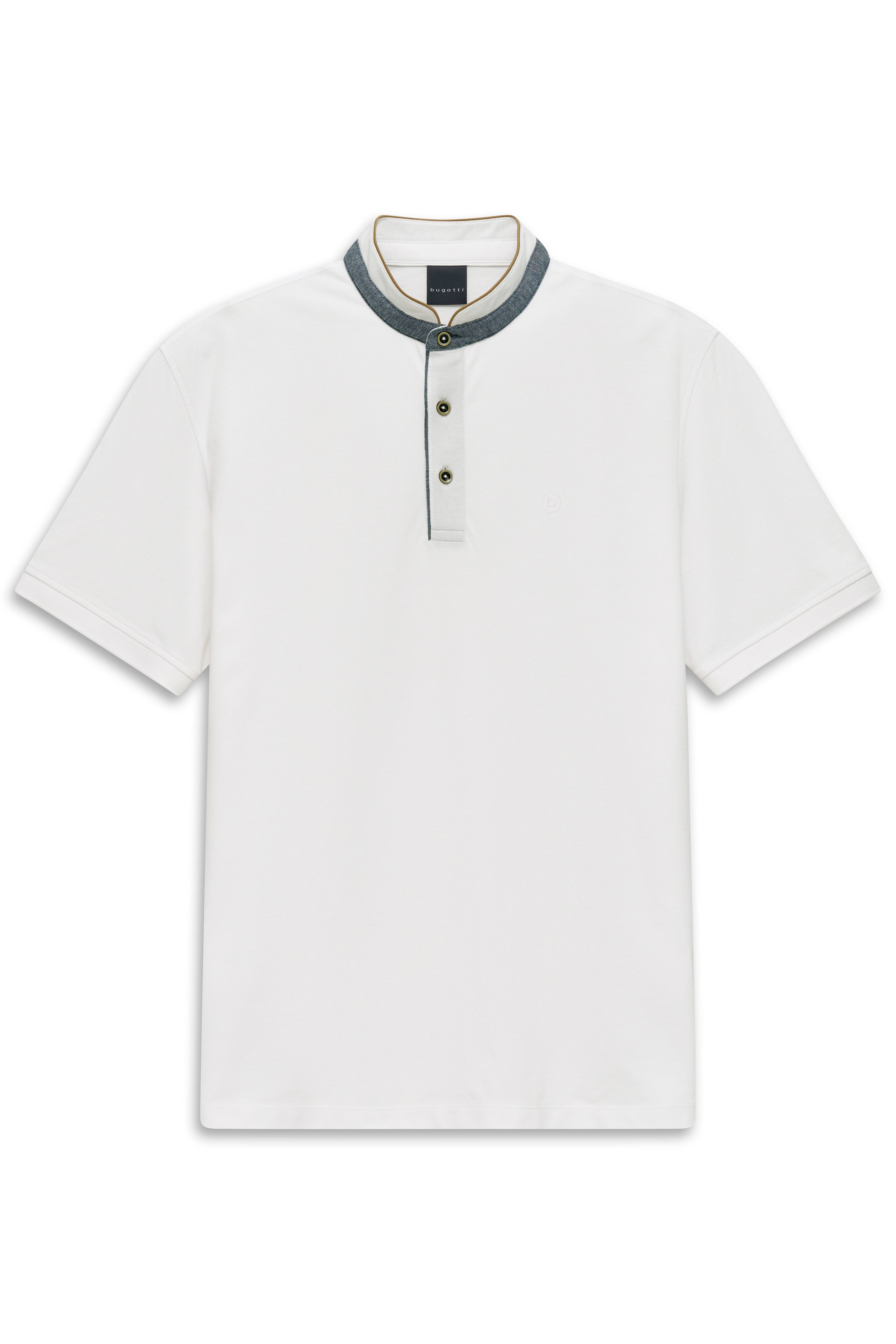 Weißes bugatti Poloshirt mit grauem Kragen, Büstenbild.