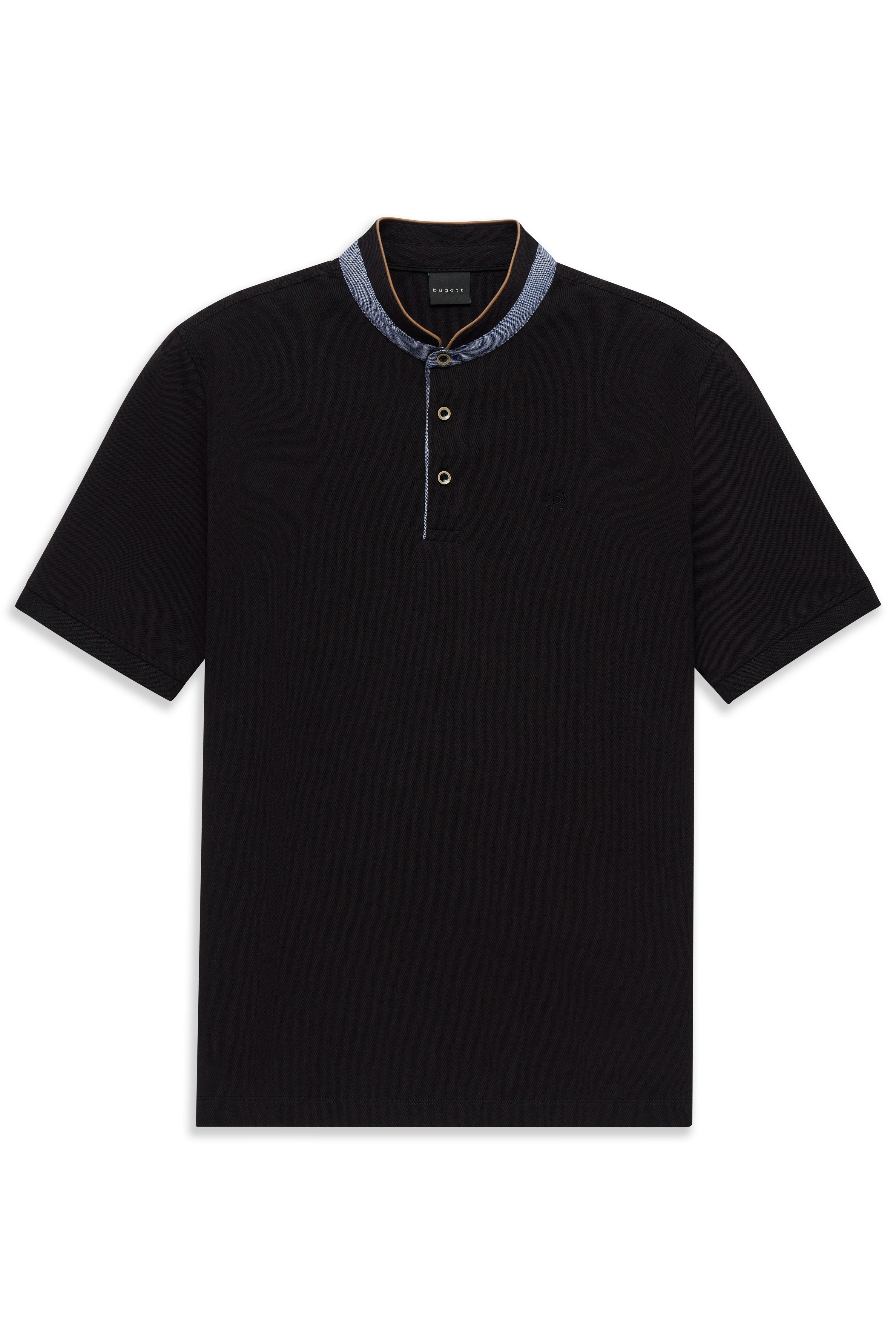 Schwarzes bugatti Polohemd mit Kontrastkragen, Büstenbild, klassischer Stil.