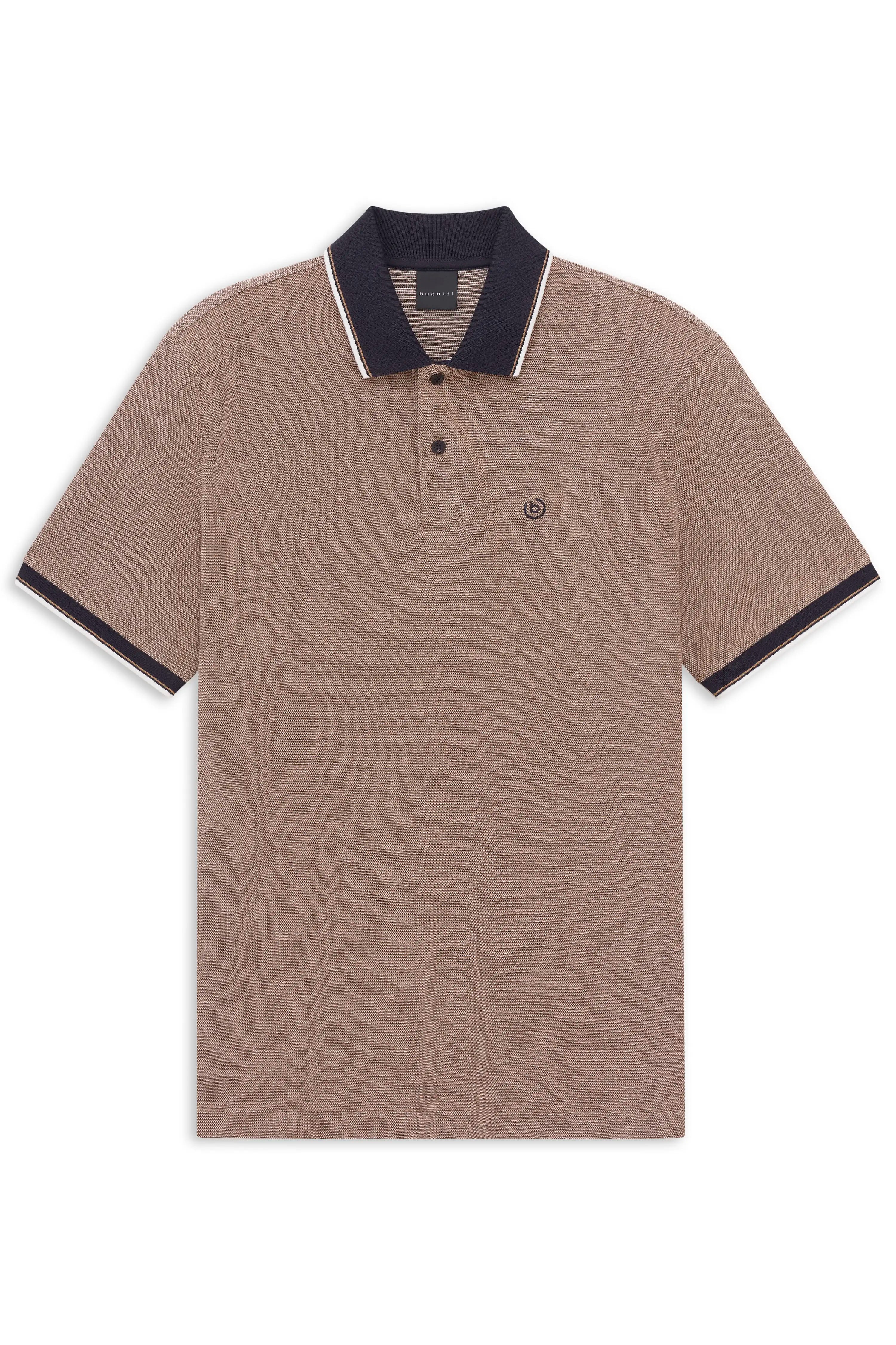 bugatti Poloshirt, beige mit dunklem Kragen, Legerbild, stilvoll und zeitlos.