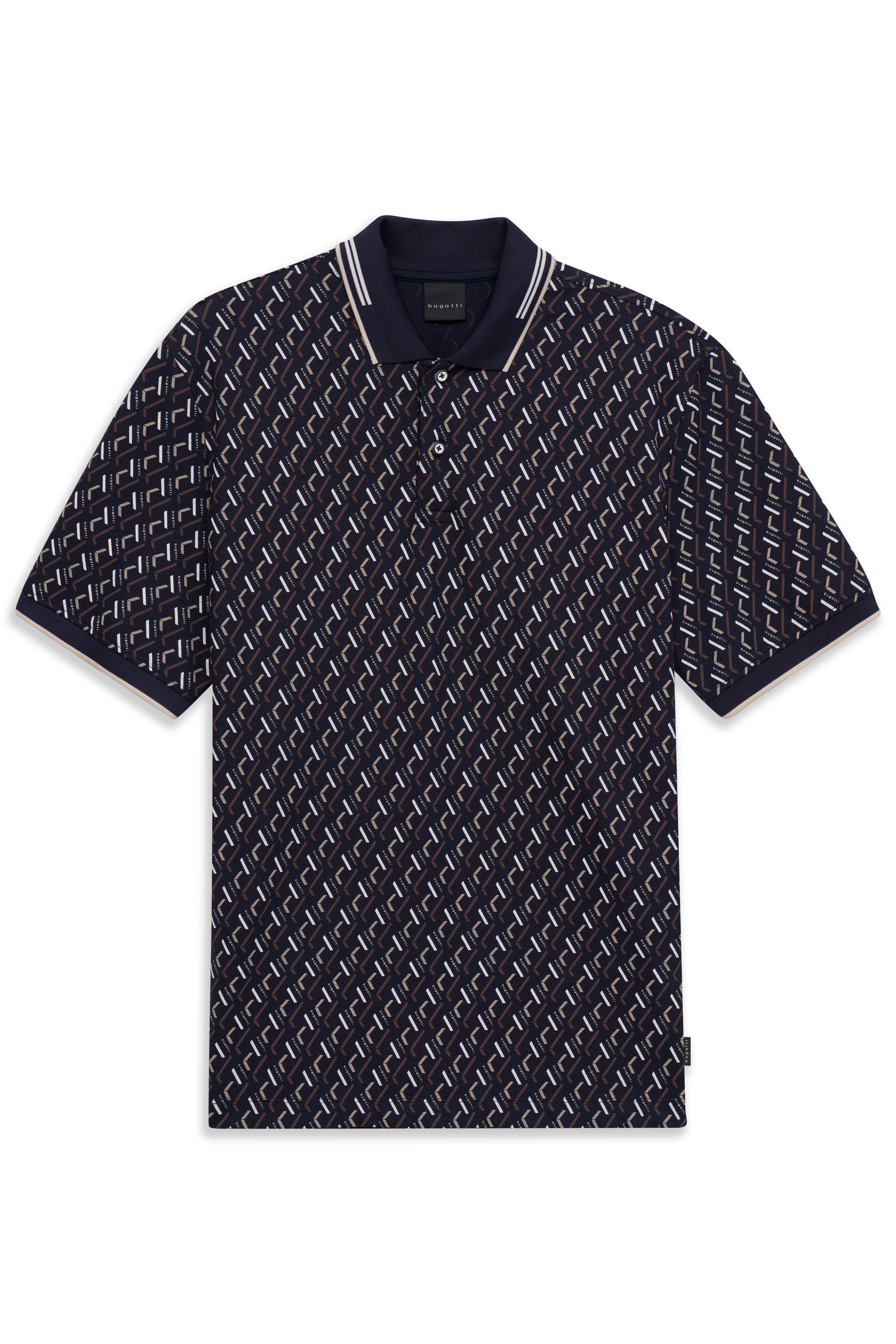 Navy Polo mit geometrischem Muster, Büstenbild, bugatti Eleganz und Stil.