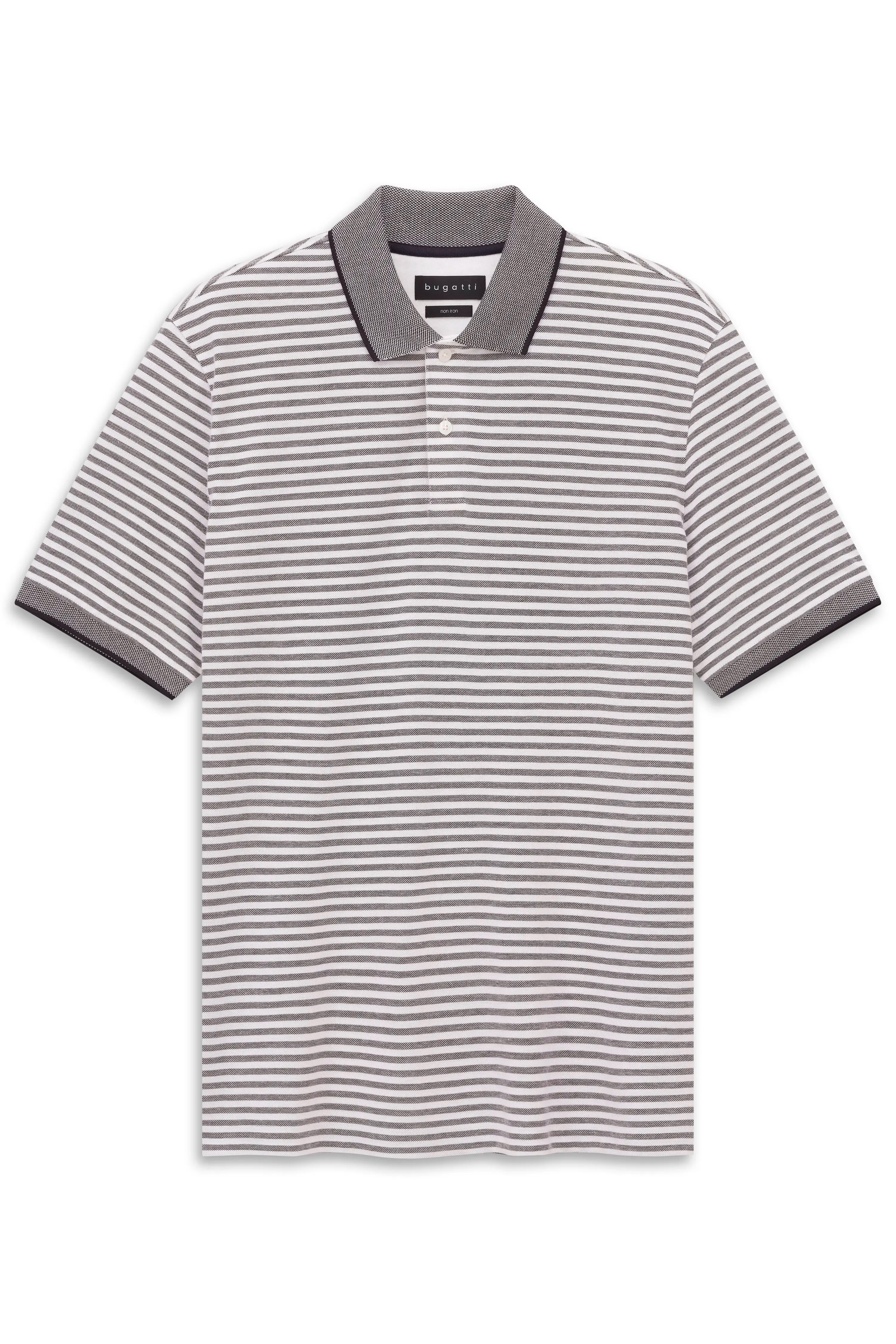 Gestreiftes bugatti Poloshirt in Grau und Weiß, Büstenbild, klassisch-eleganter Stil.