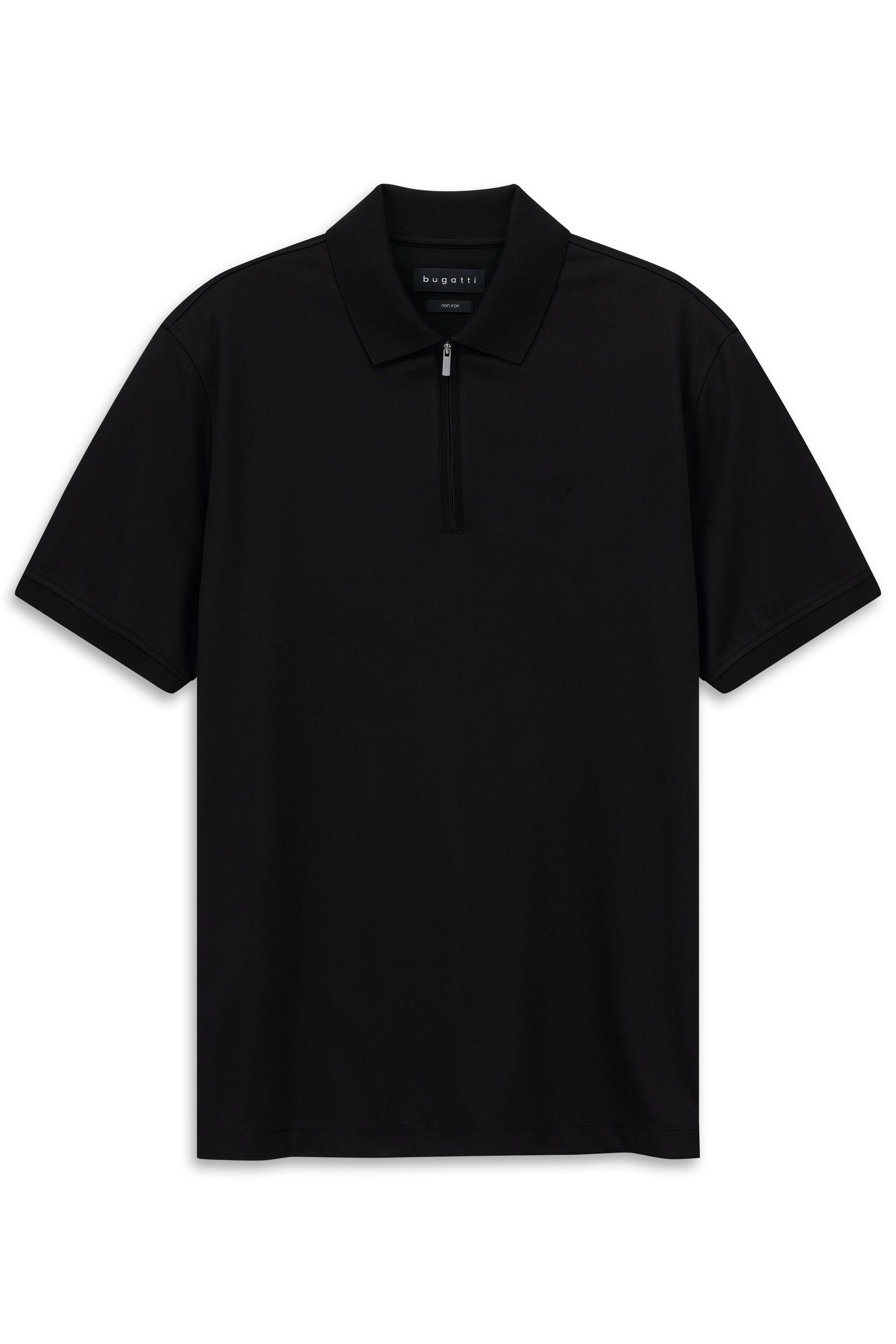 Schwarzes bugatti Poloshirt mit Zipper, klassischer Kragen, Büstenbild.