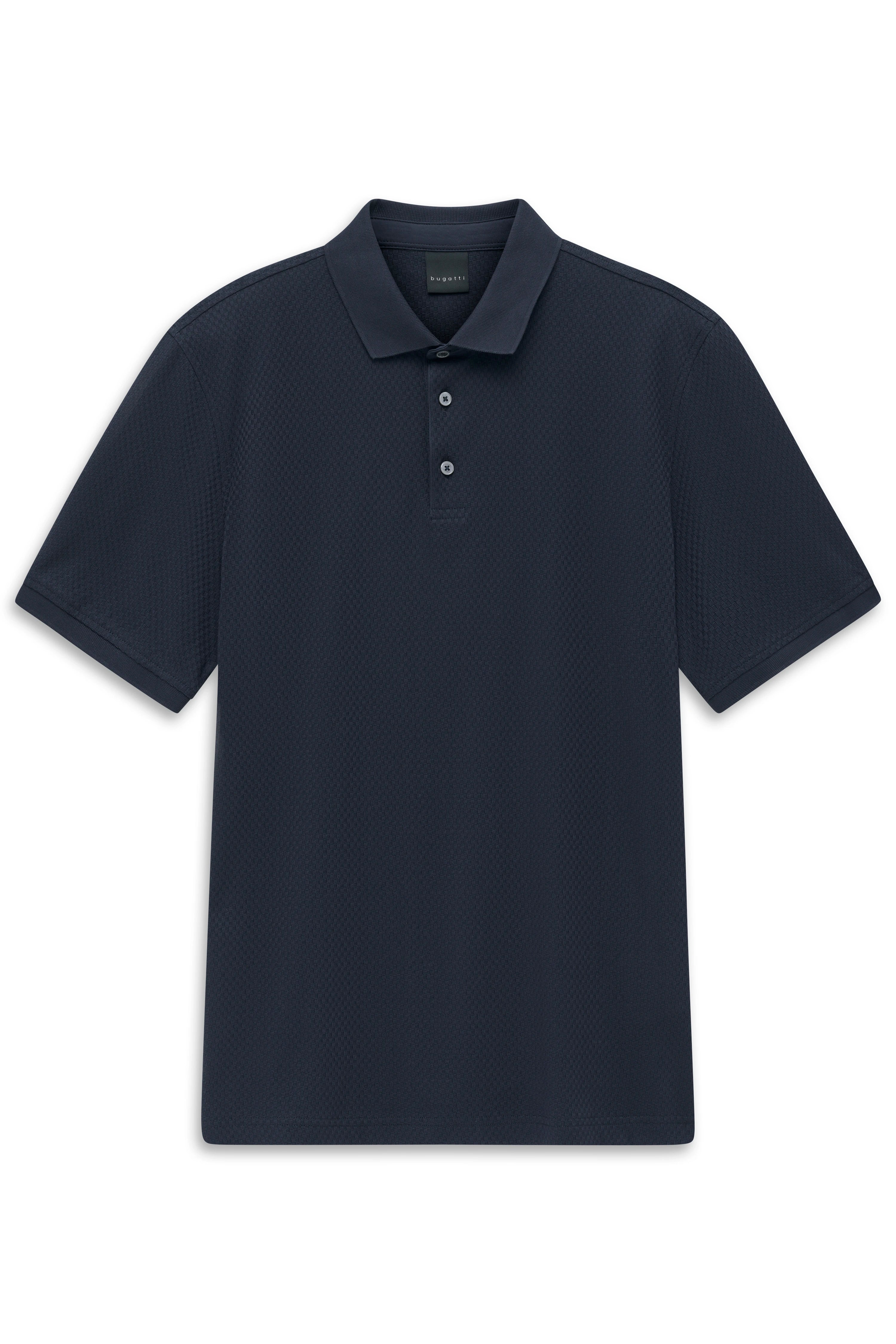 Dunkelblaues bugatti Polohemd, klassischer Kragen, Büstenbild, zeitloses Design.