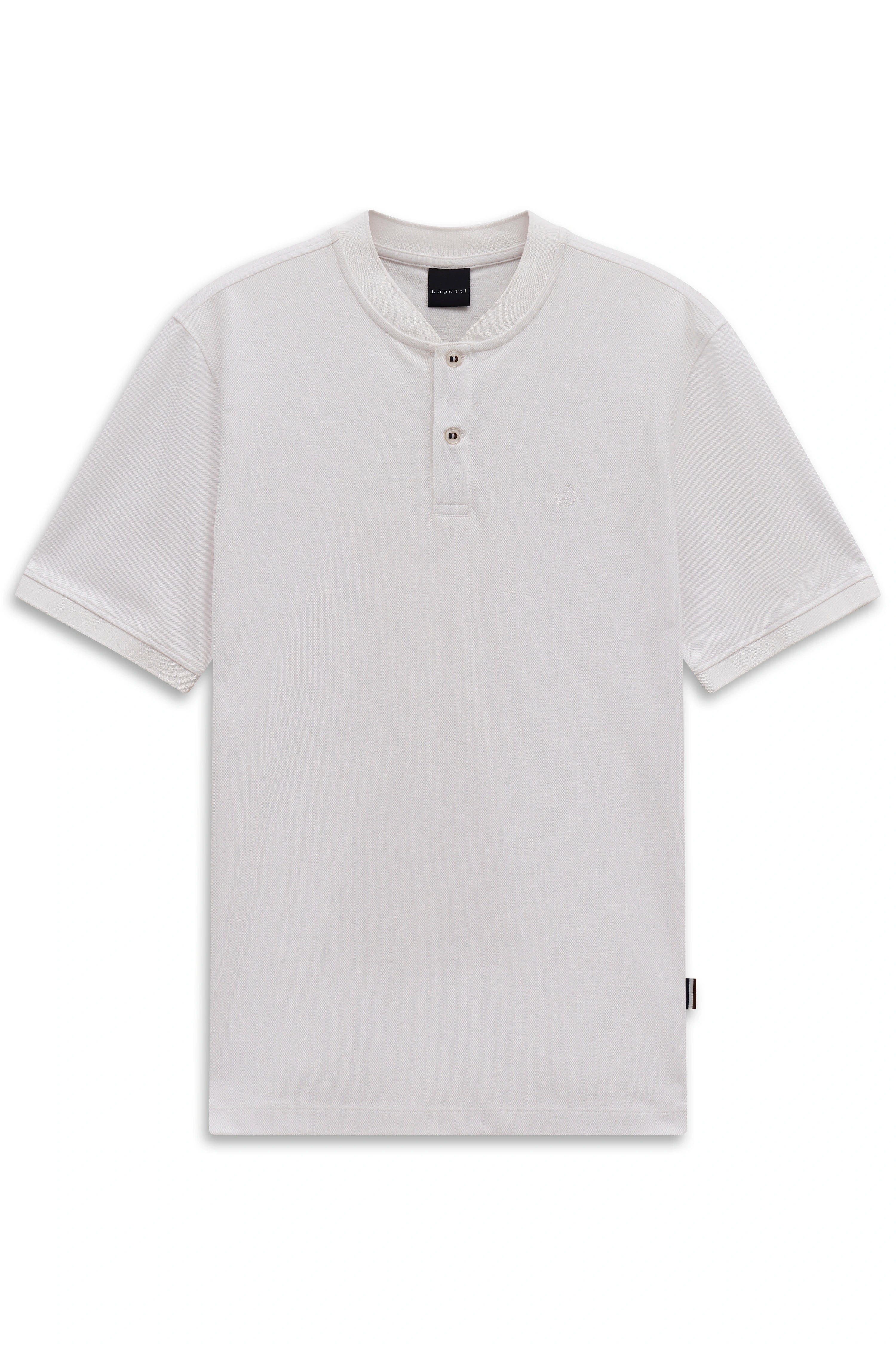 Weiße bugatti Herren-Poloshirt, Büstenbild, minimalistisches Design.