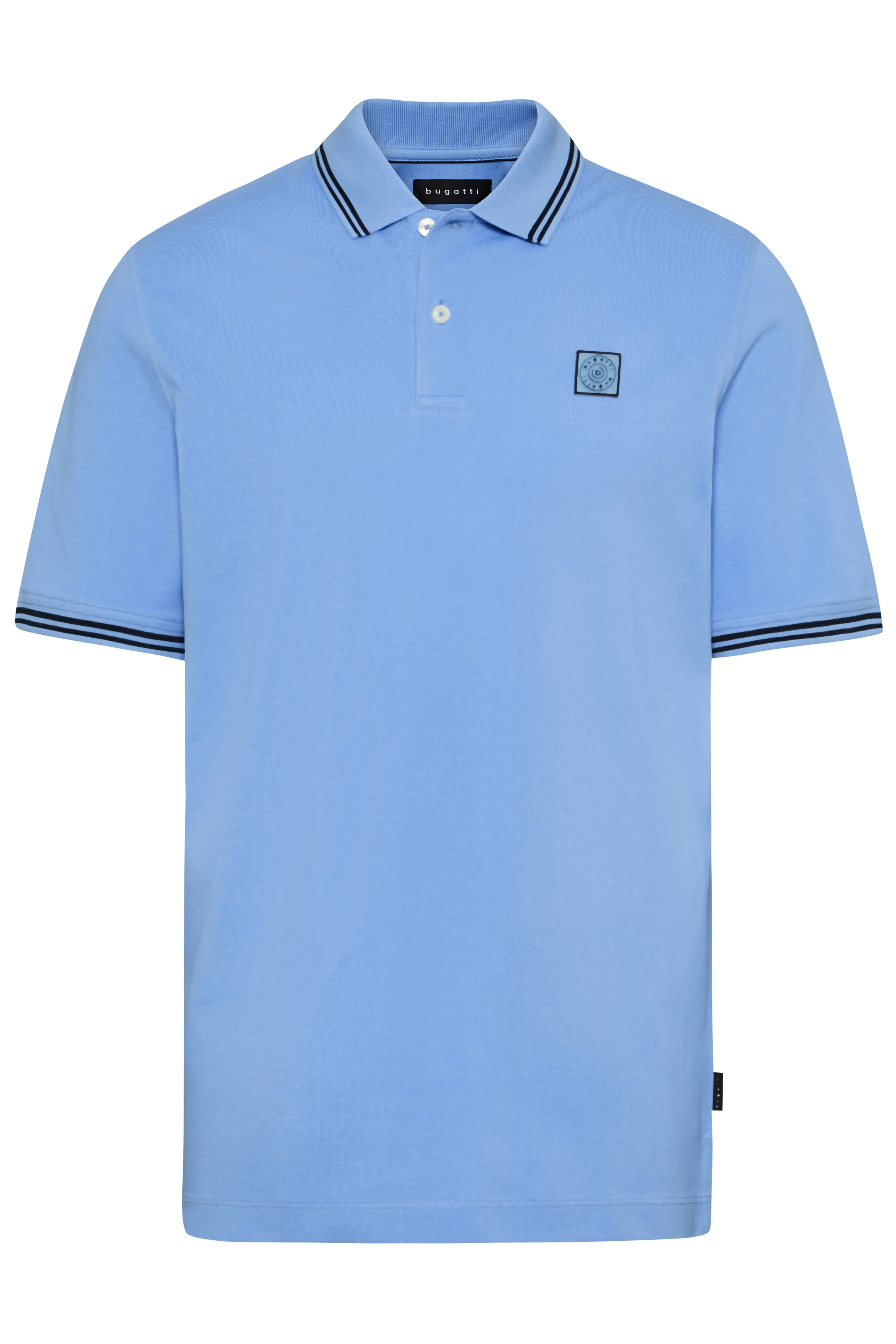 Sky blue bugatti polo shirt with contrasting stripes, bust view.