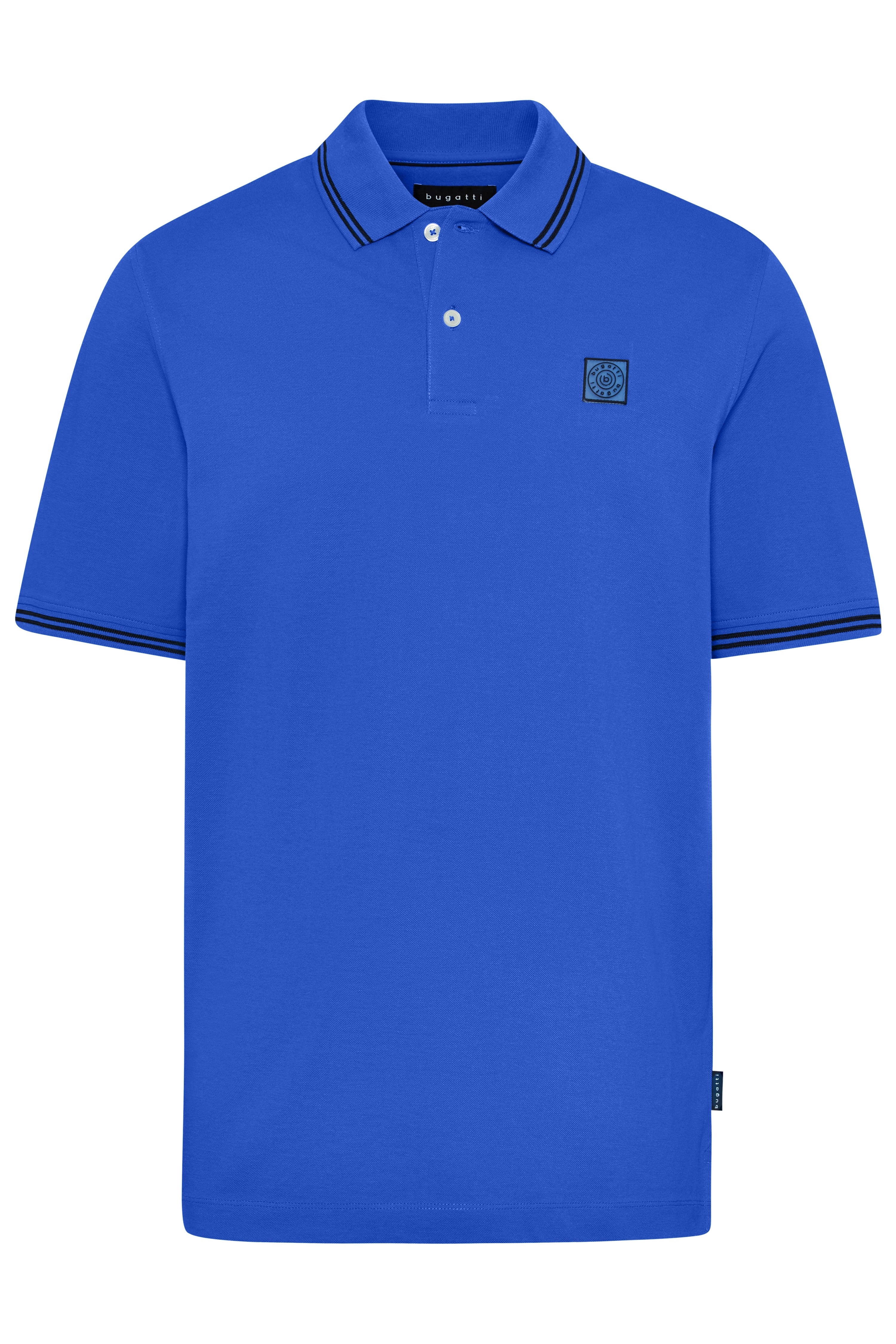 bugatti blue polo with striped collar, bust view.