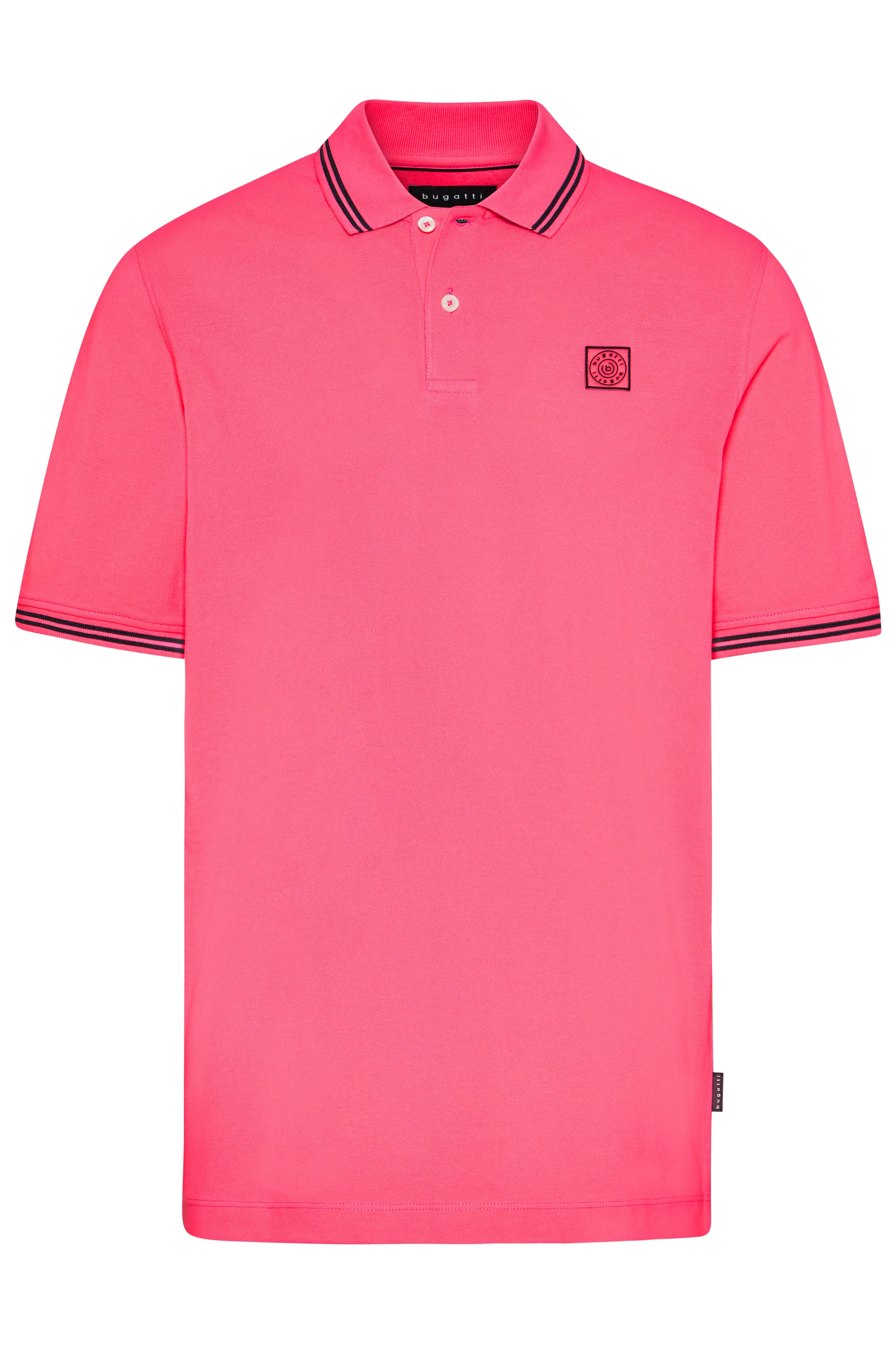 Pink polo shirt with striped collar and cuffs, bugatti logo. Bust image.