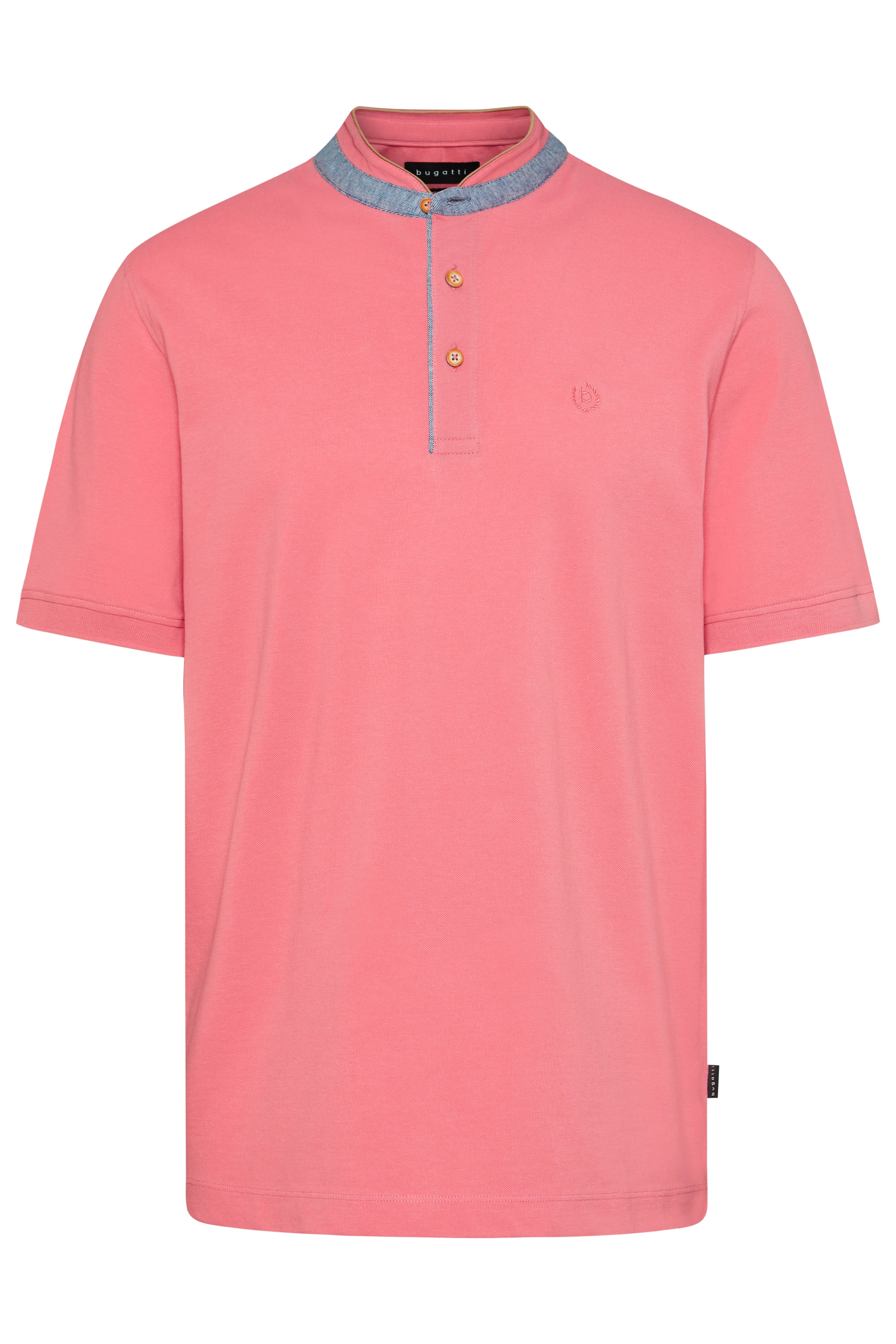 bugatti T-shirt in roze met lichtblauwe kraag, buste, elegante knoopsluiting.
