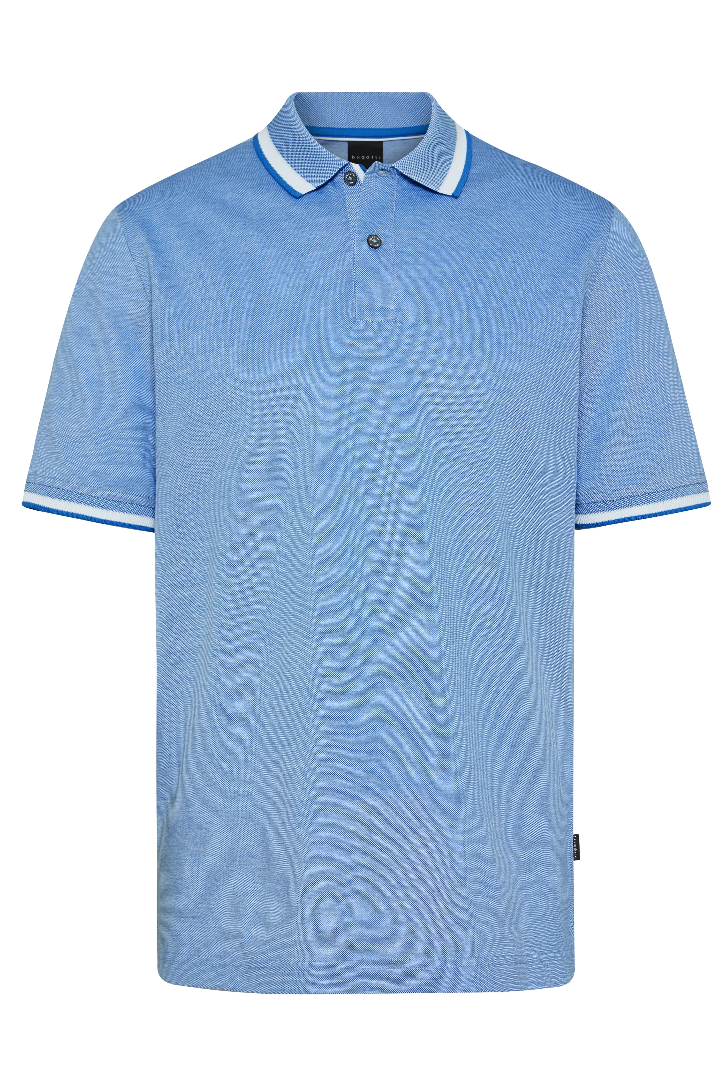 Blue bugatti polo shirt with white collar and stripes, bust view.