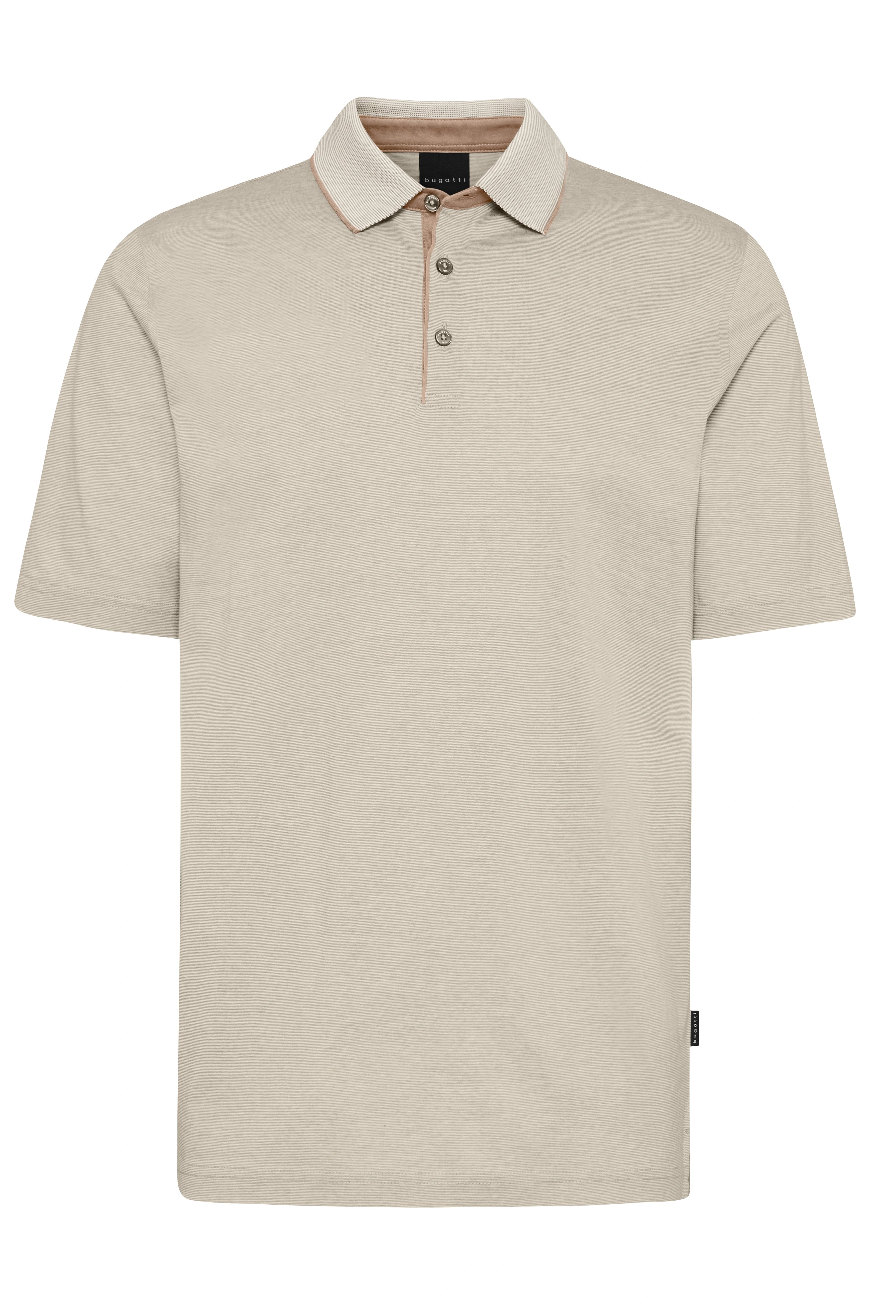 Beiges bugatti Poloshirt mit Knopfleiste und Kontrastkragen, Büstenbild.