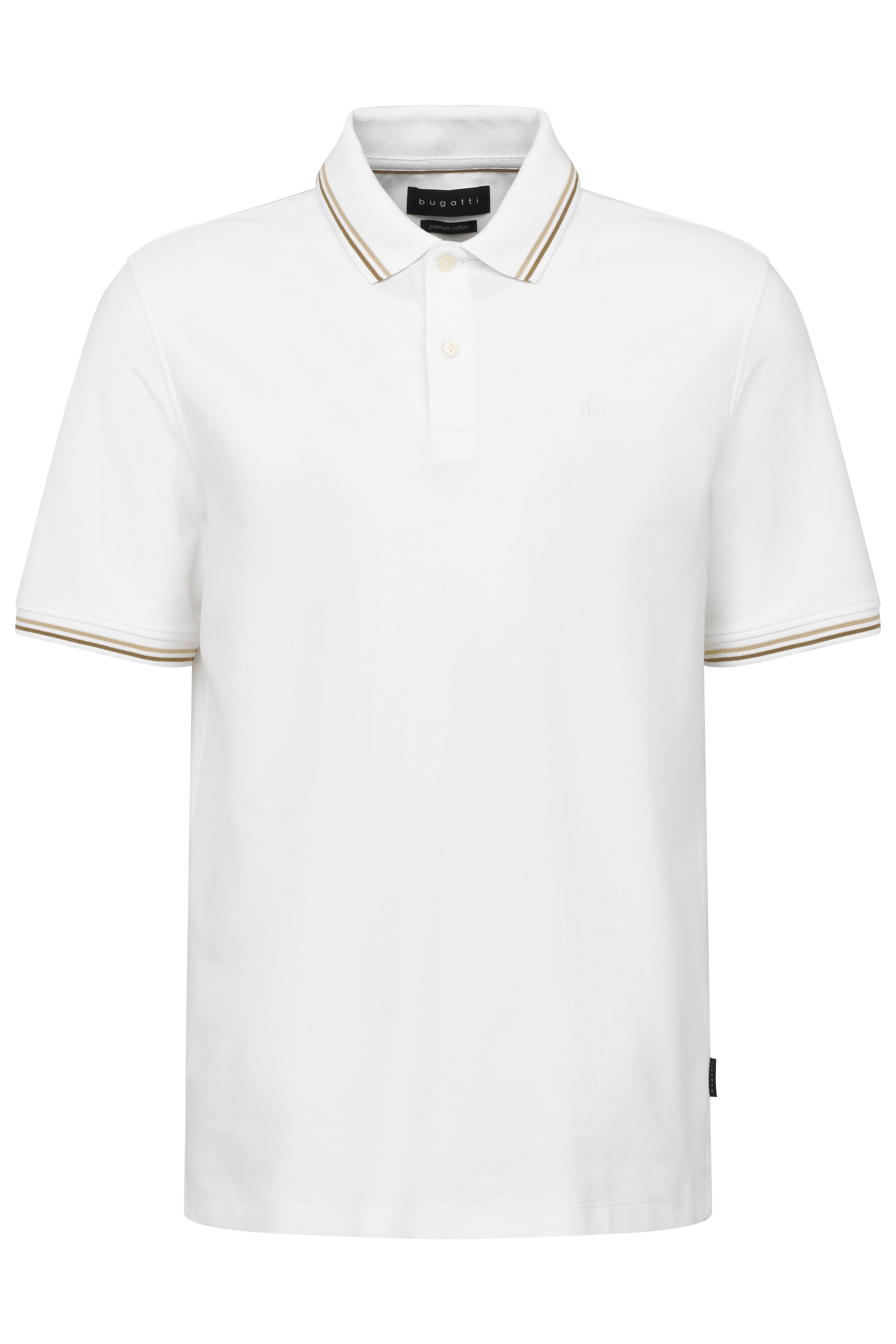 Weißes bugatti Polohemd mit goldgestreiftem Kragen und Ärmeln, Büstenbild.