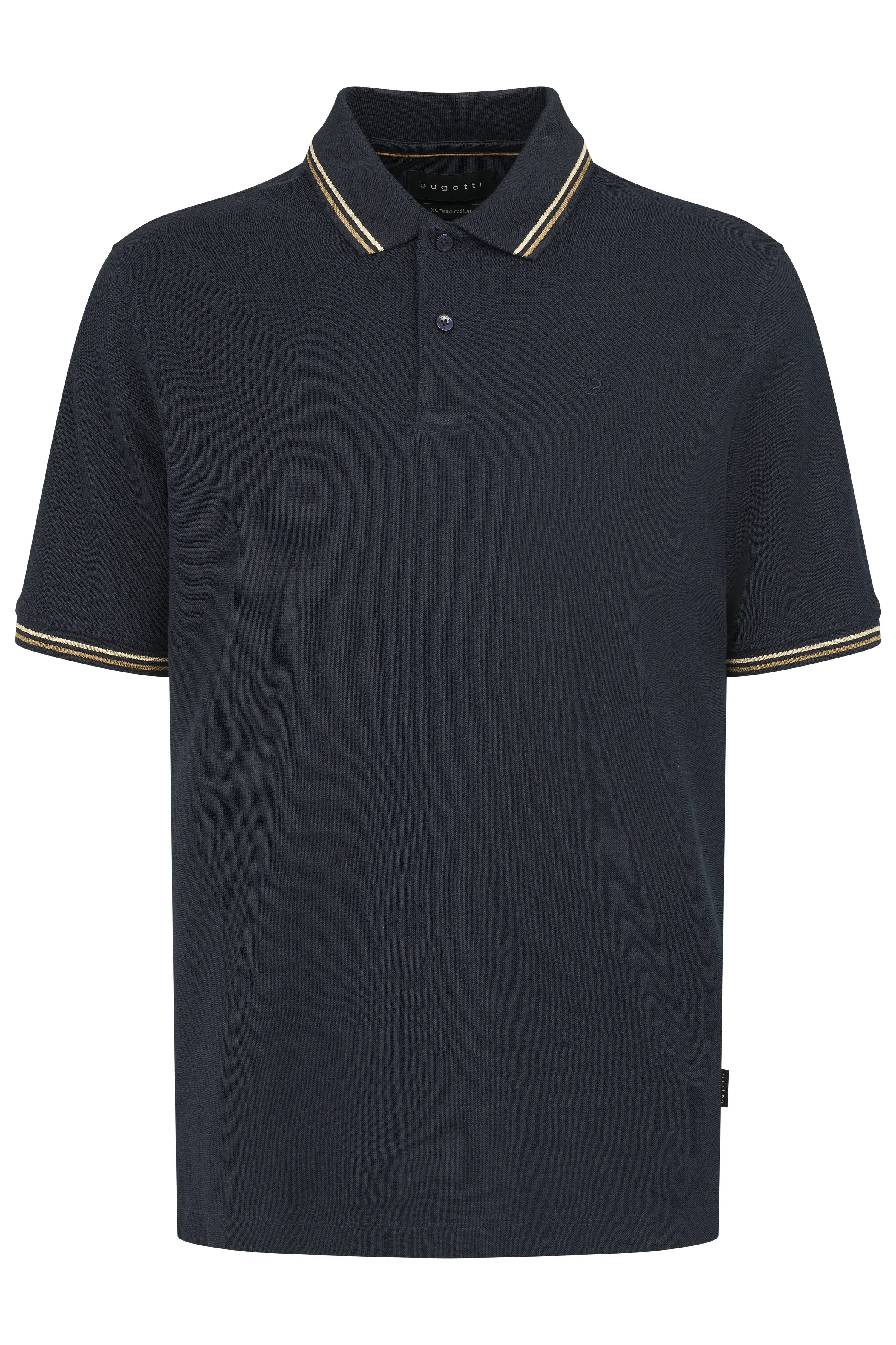 bugatti donkerblauw poloshirt met gestreepte kraag en mouwen, buste shot.
