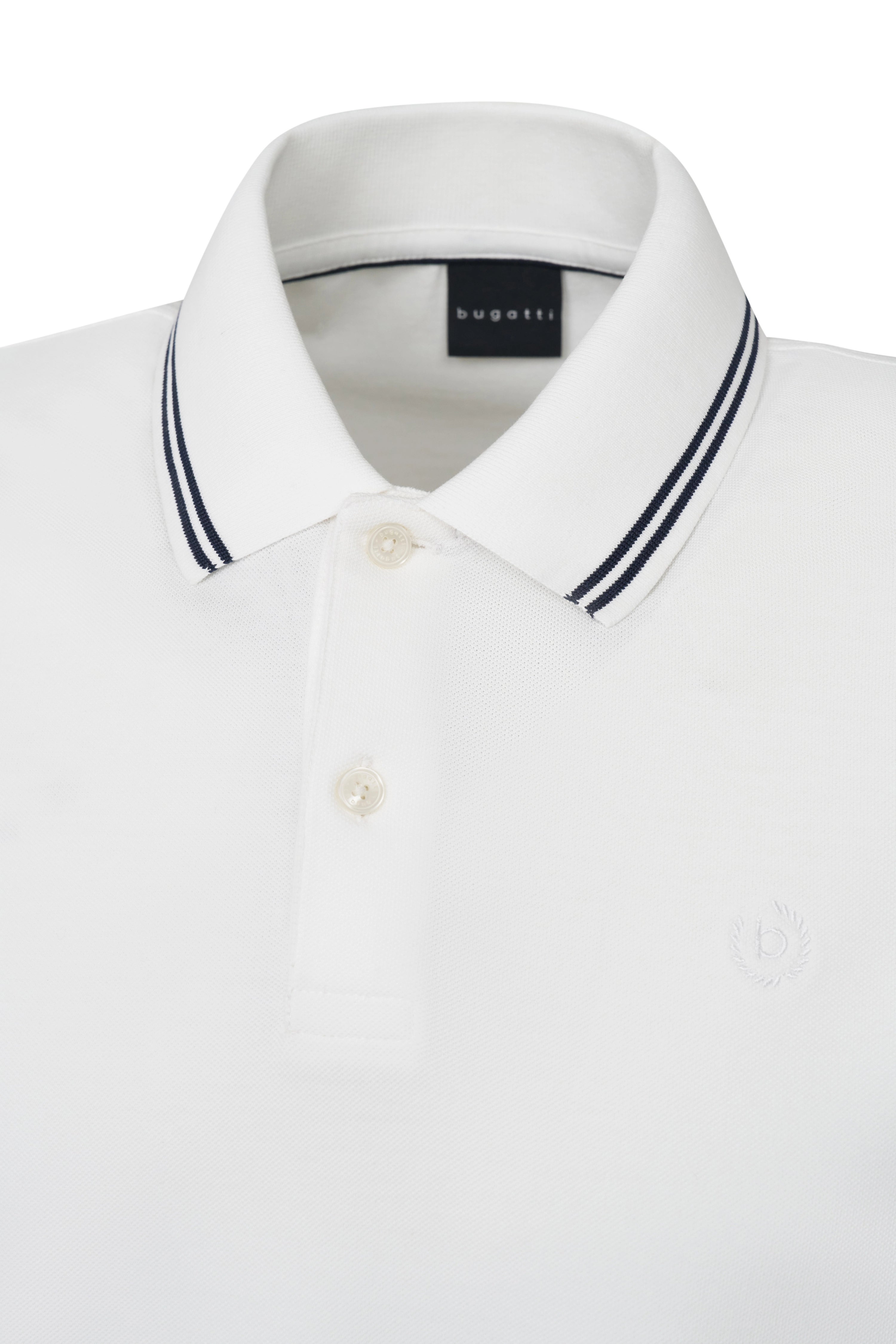 White bugatti polo shirt with fine collar stripes, bust view, classic and simple.