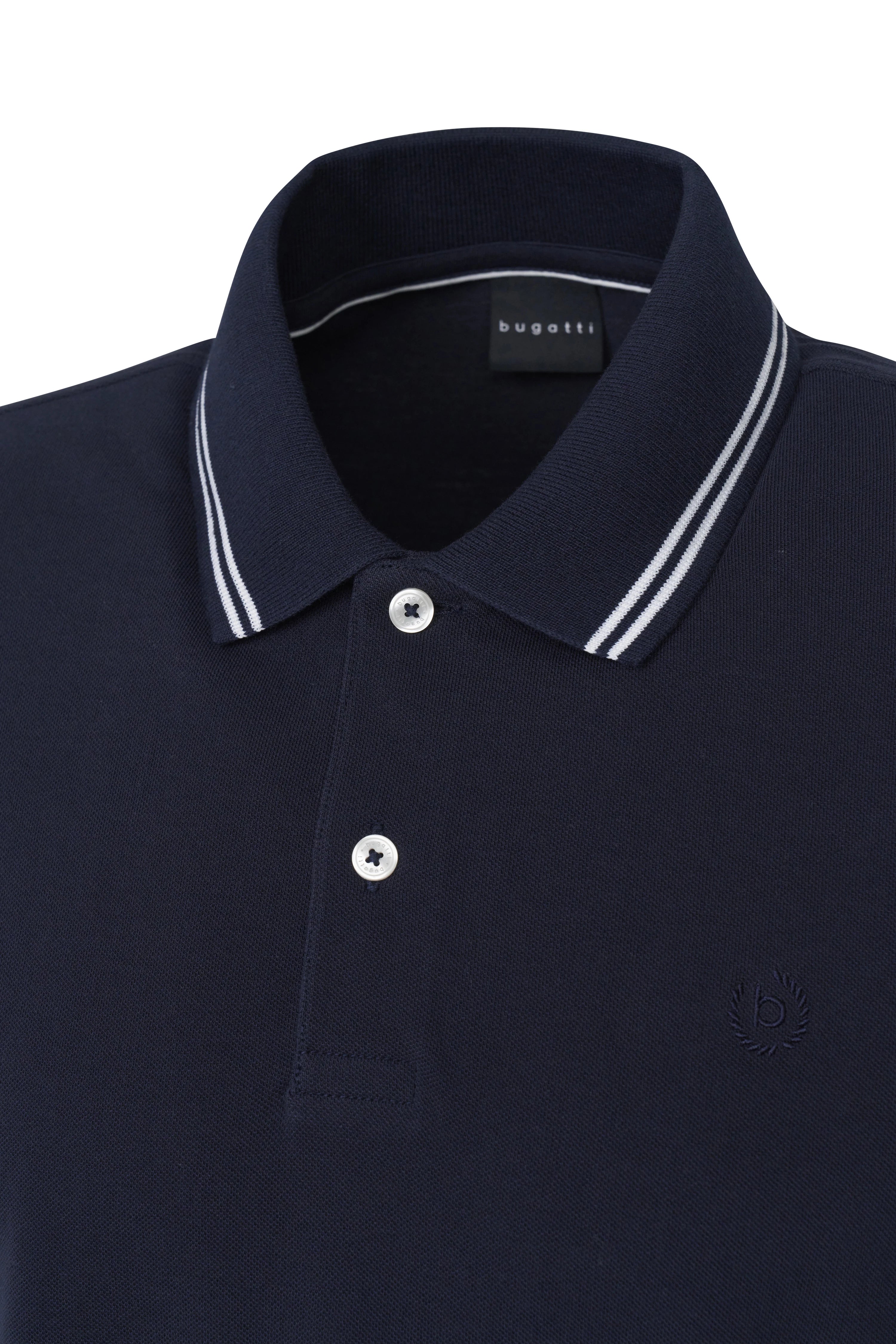 Navy bugatti polo with white collar stripe, bust view.