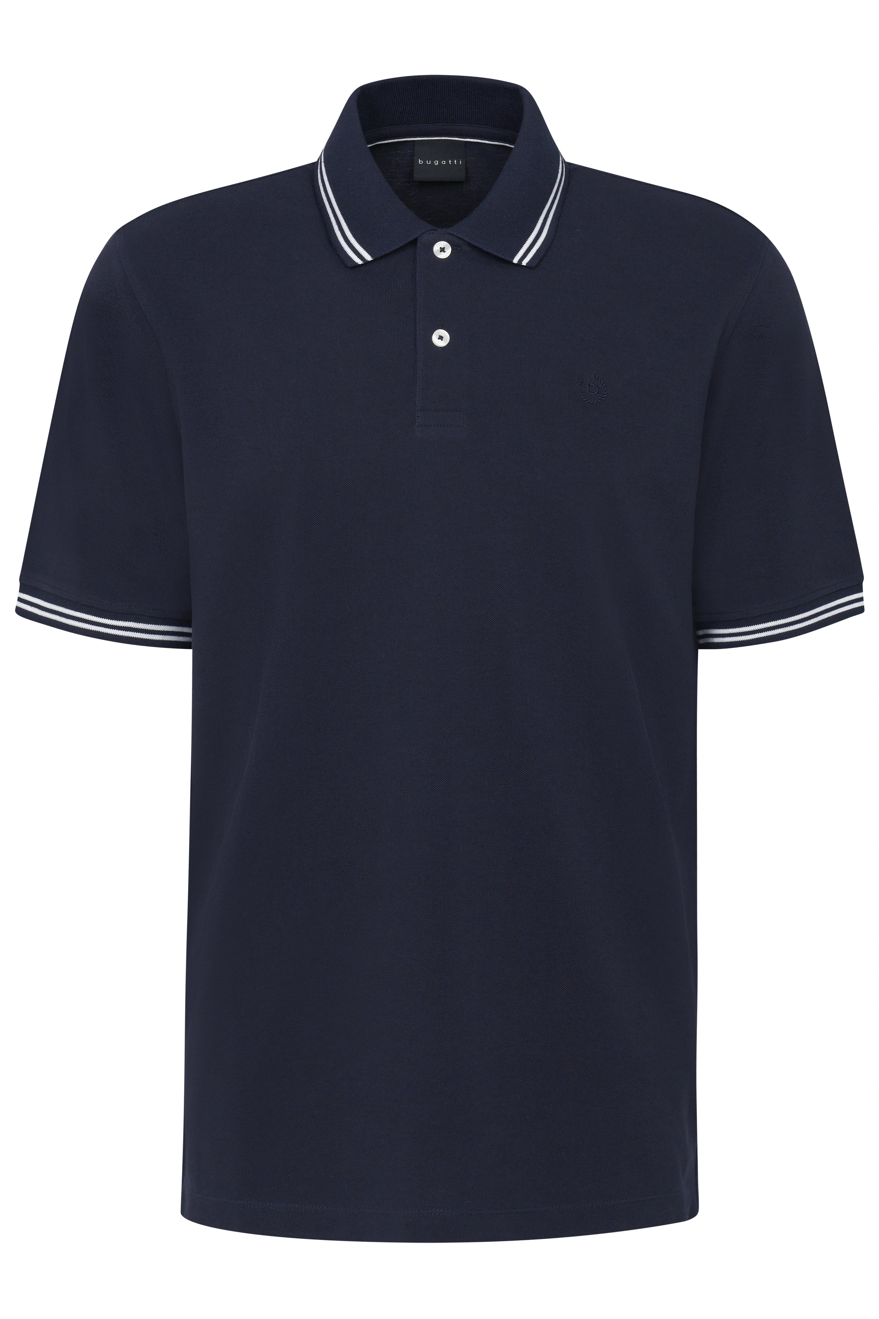 Navy polo shirt with white collar and sleeve stripes, bust image.