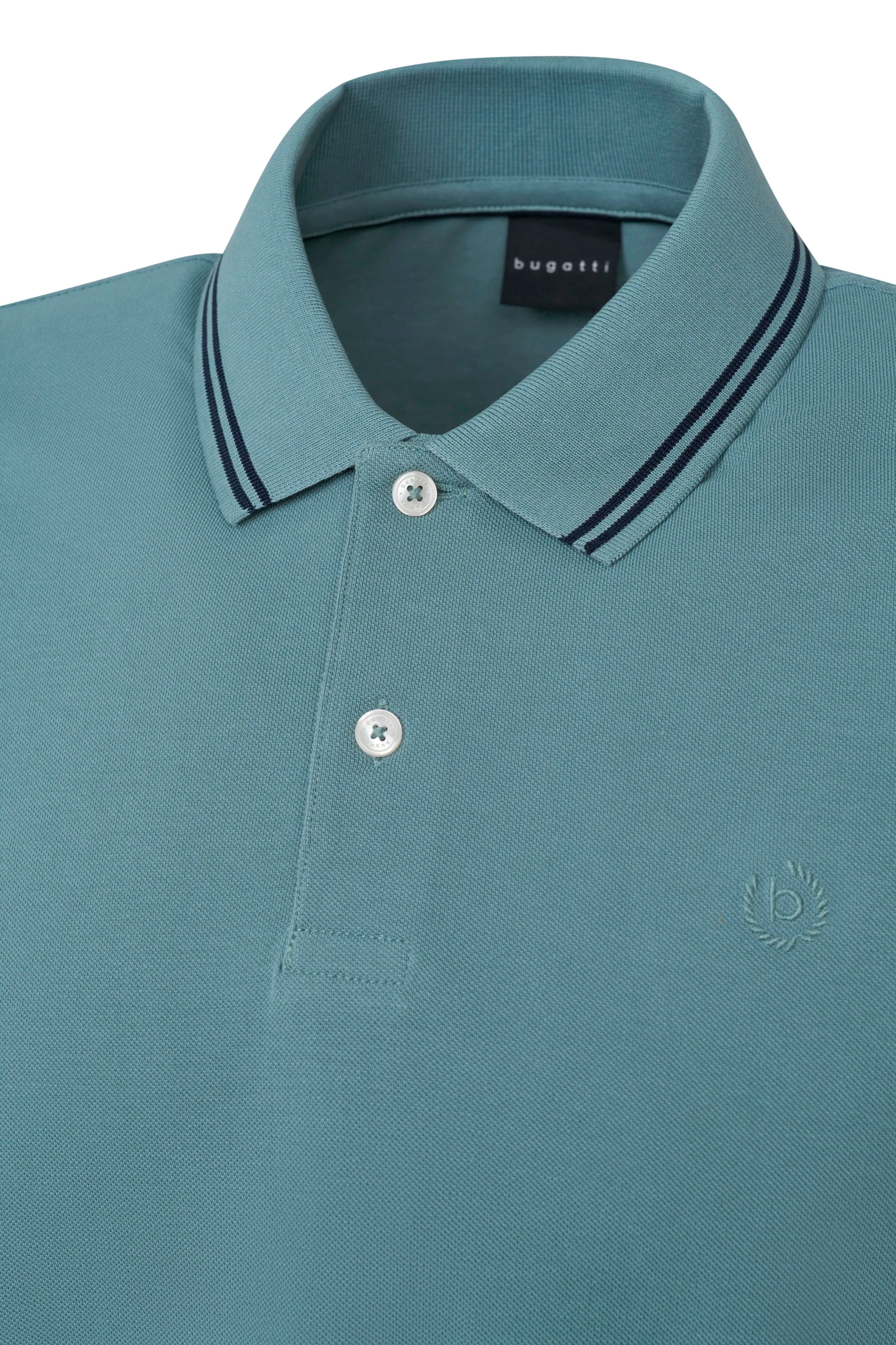 bugatti turquoise polo shirt with striped collar, bust image, elegant design.