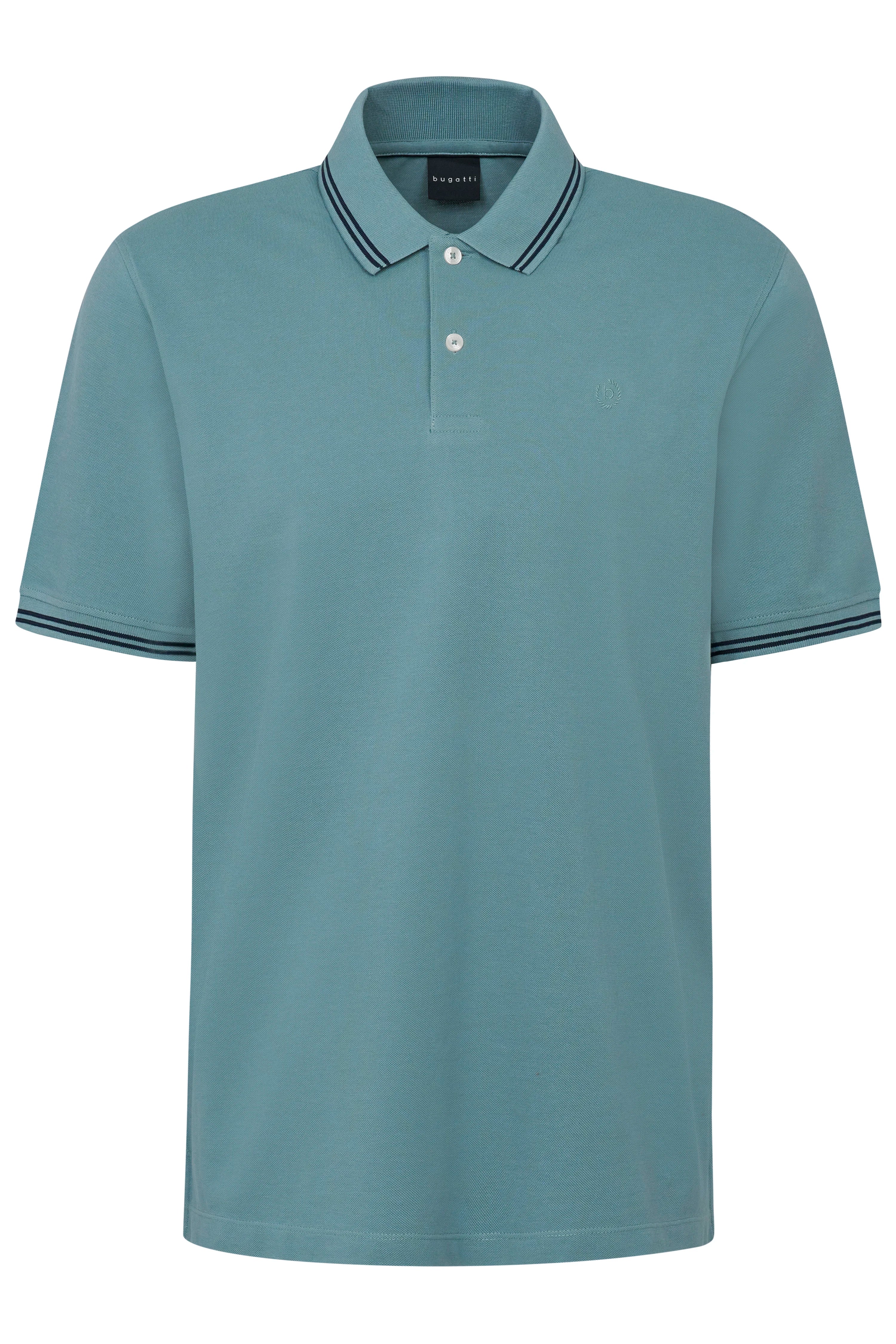 bugatti turquoise polo shirt, classic fit, bust view, striped collar and cuffs.